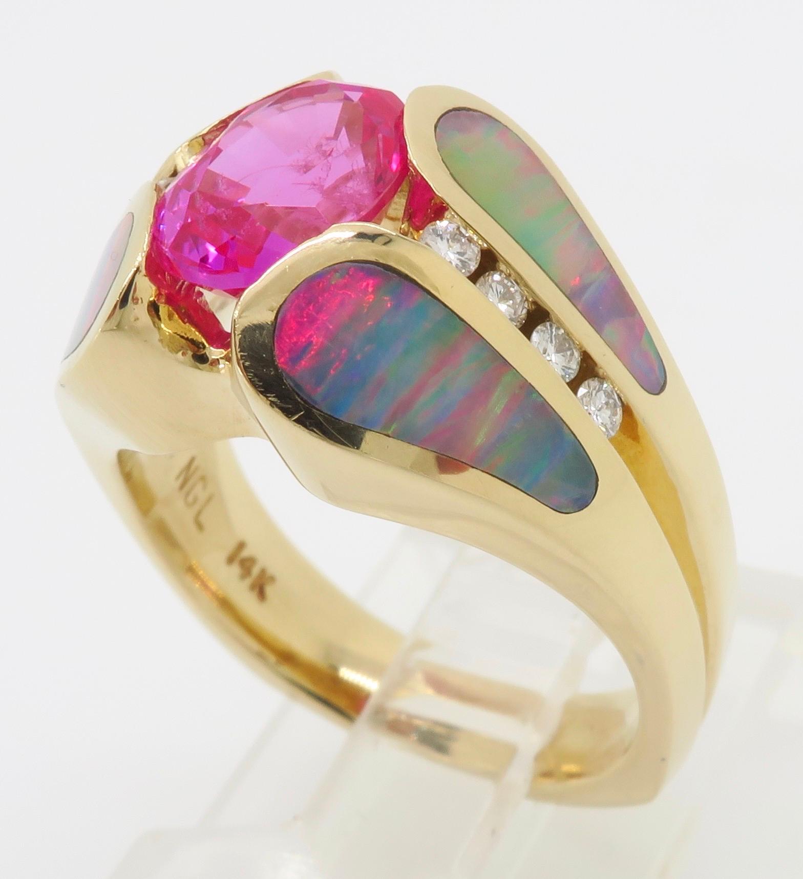 Pink Sapphire Diamond and Opal Ring Made in 14 Karat Yellow Gold 4