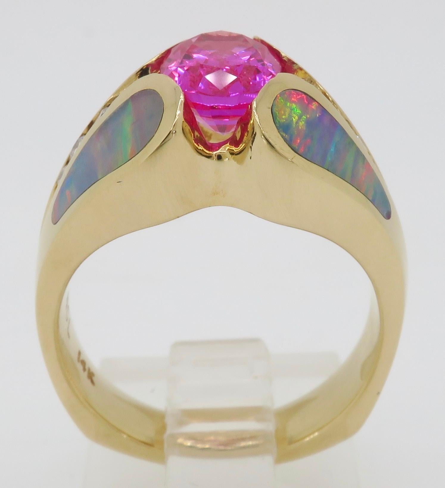Pink Sapphire Diamond and Opal Ring Made in 14 Karat Yellow Gold 5