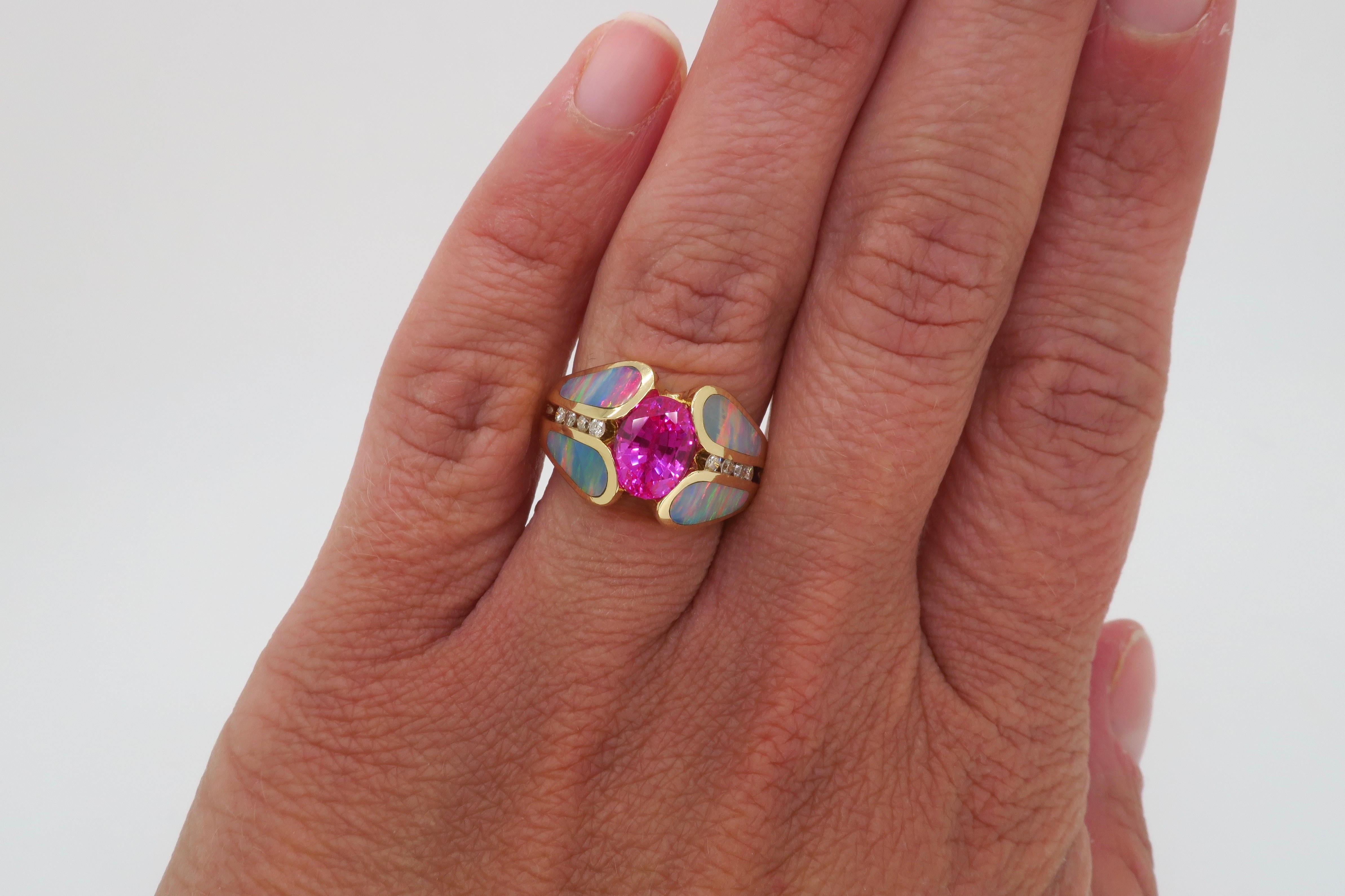 Pink Sapphire Diamond and Opal Ring Made in 14 Karat Yellow Gold 6