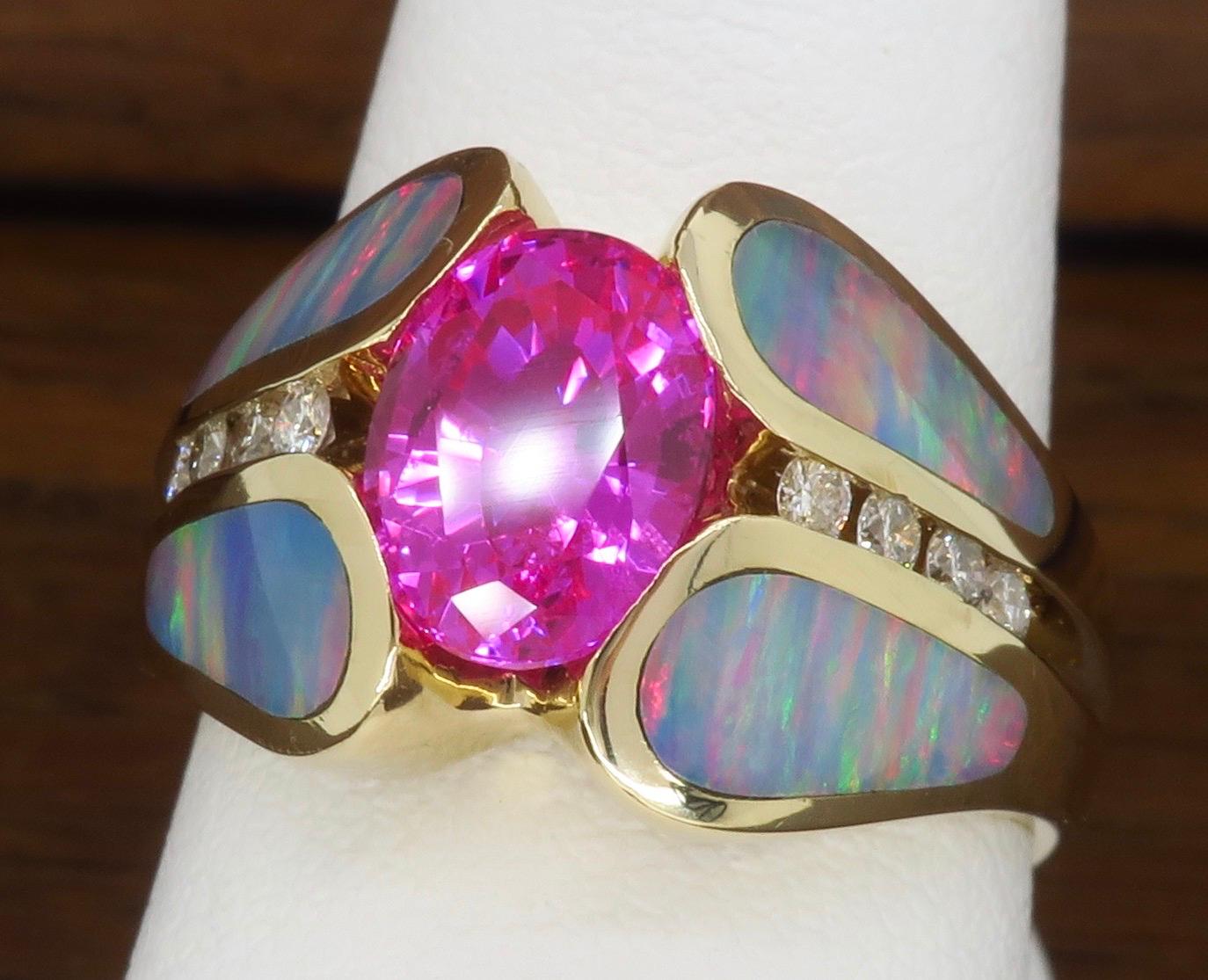 Pink Sapphire Diamond and Opal Ring Made in 14 Karat Yellow Gold 7