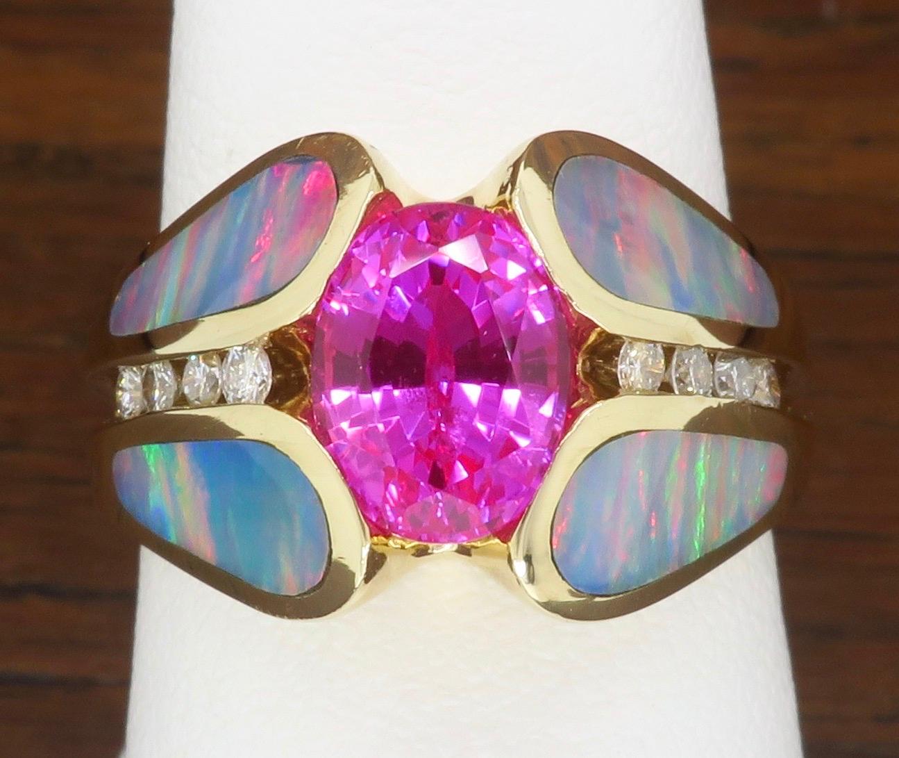 Pink Sapphire Diamond and Opal Ring Made in 14 Karat Yellow Gold 8