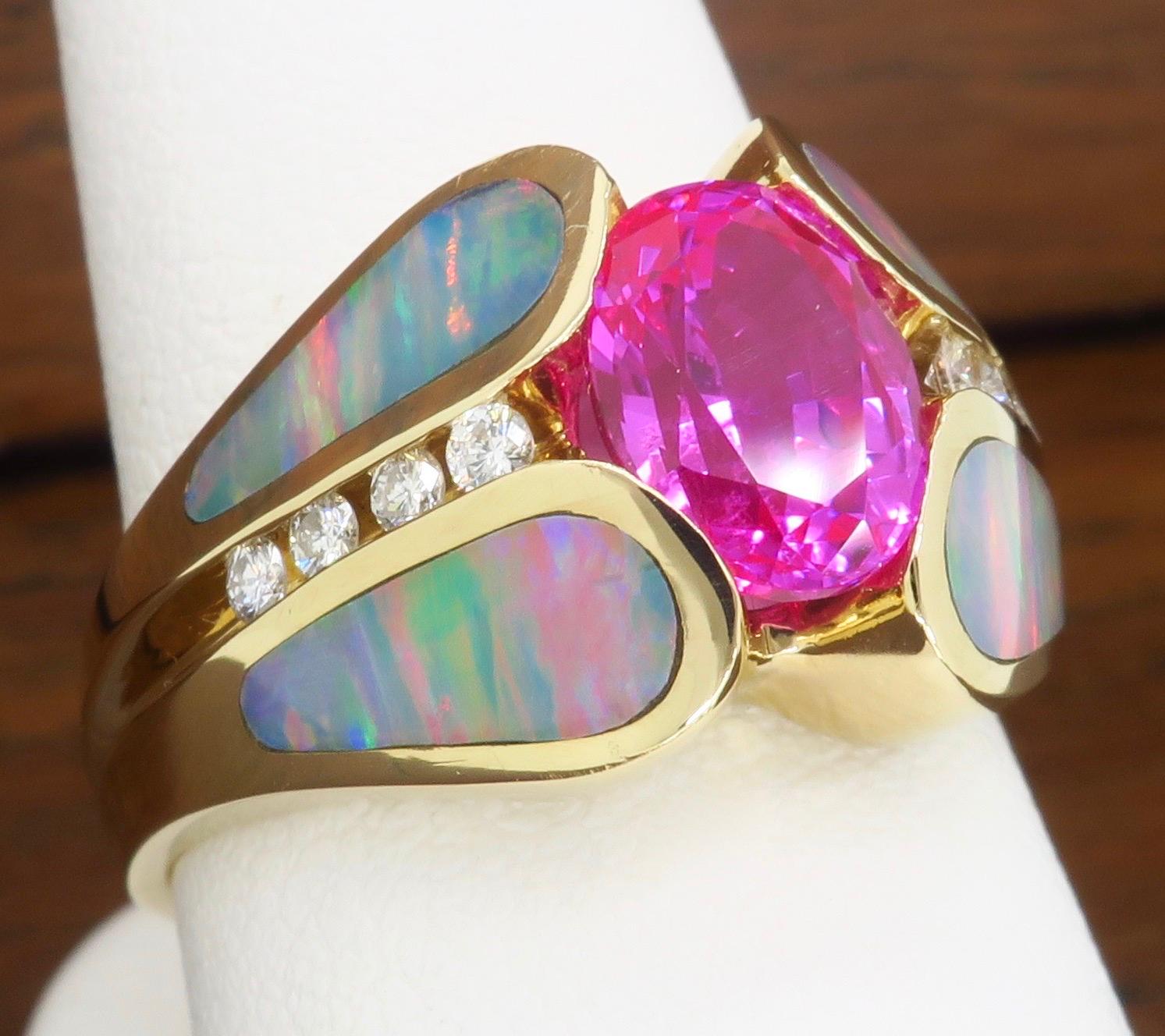 Pink Sapphire Diamond and Opal Ring Made in 14 Karat Yellow Gold 9