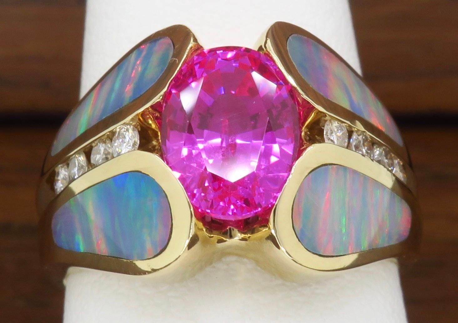 Pink Sapphire Diamond and Opal Ring Made in 14 Karat Yellow Gold 10