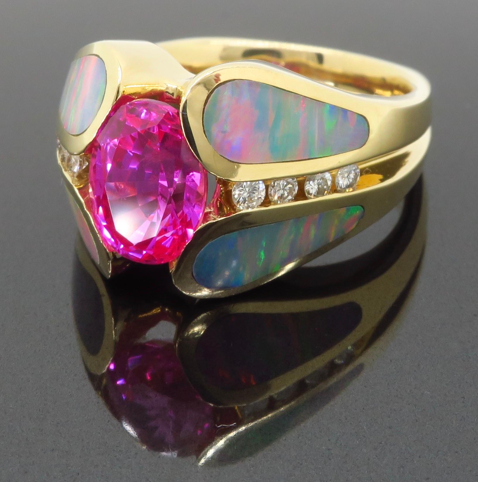 Oval Cut Pink Sapphire Diamond and Opal Ring Made in 14 Karat Yellow Gold