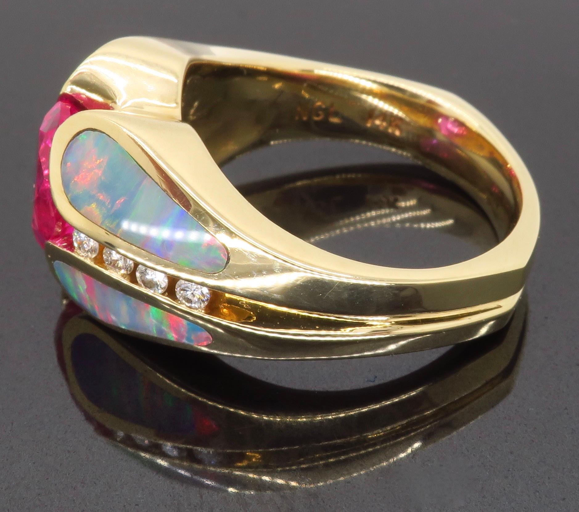 Pink Sapphire Diamond and Opal Ring Made in 14 Karat Yellow Gold In Excellent Condition In Webster, NY