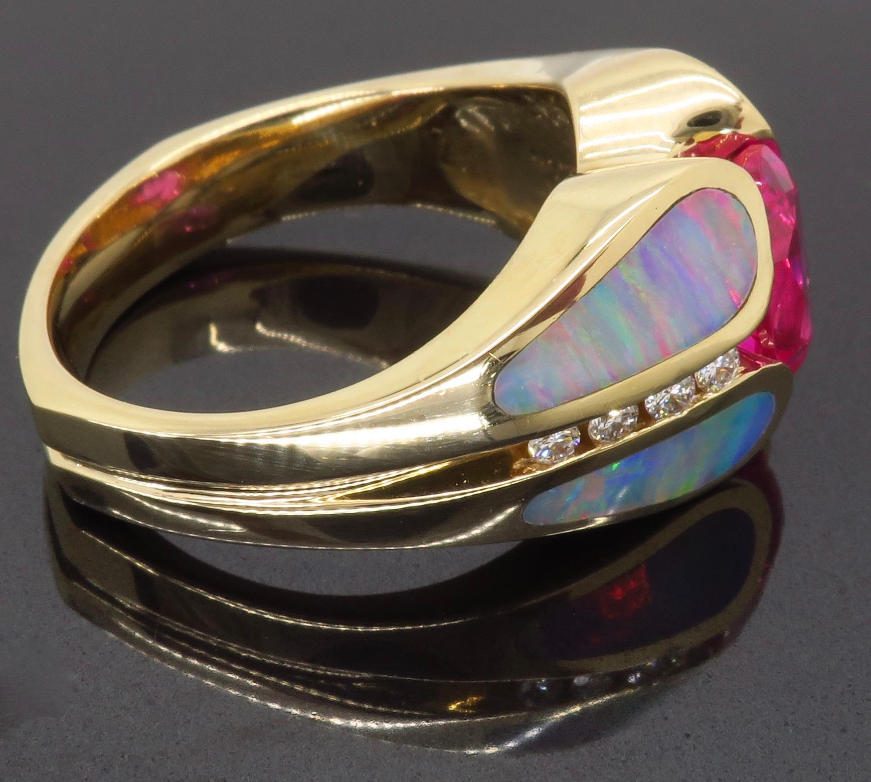 Pink Sapphire Diamond and Opal Ring Made in 14 Karat Yellow Gold 1