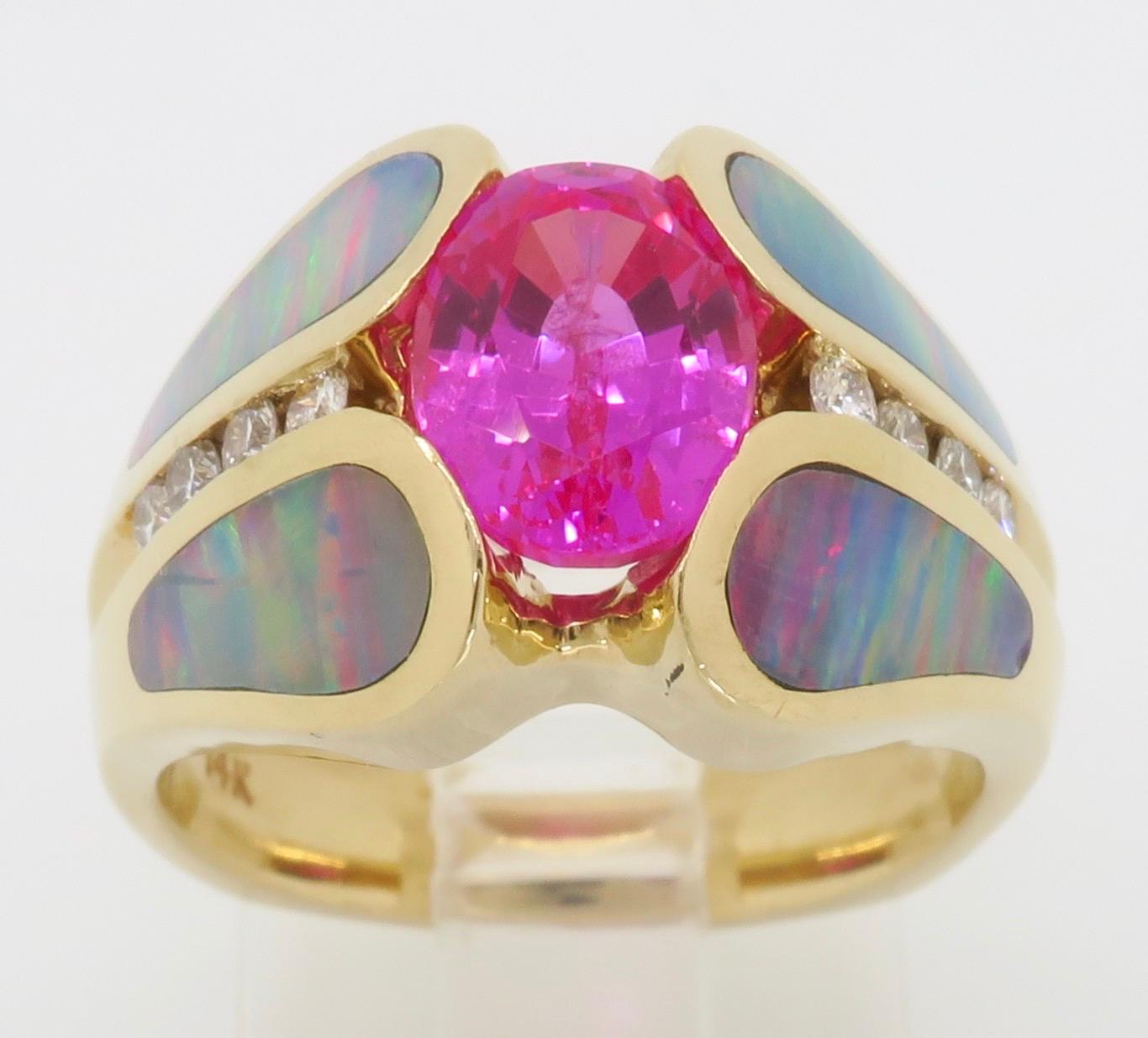 Pink Sapphire Diamond and Opal Ring Made in 14 Karat Yellow Gold 2