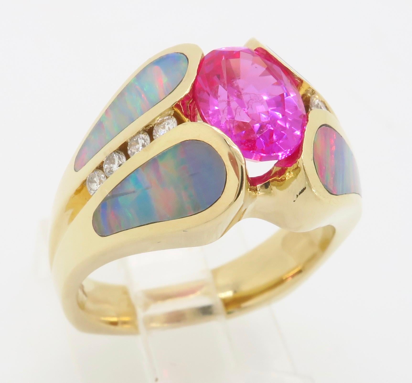 Pink Sapphire Diamond and Opal Ring Made in 14 Karat Yellow Gold 3