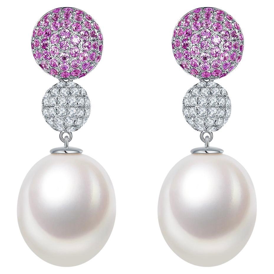 Eostre Pink Sapphire, Diamond and South Sea Pearl White Gold Earring