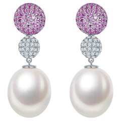 Eostre Pink Sapphire, Diamond and South Sea Pearl White Gold Earring