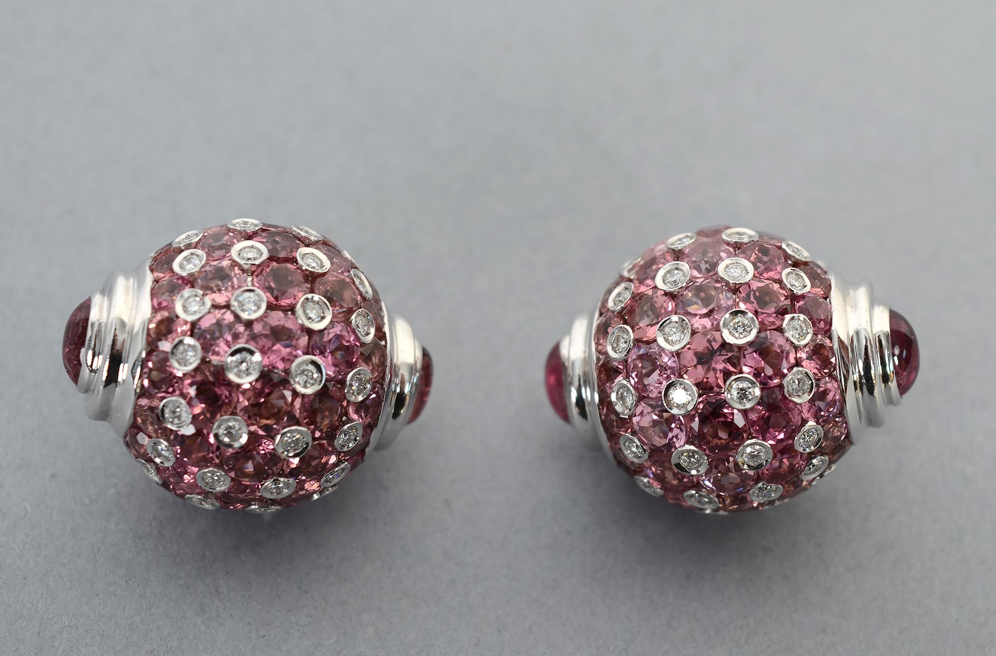 Modern Pink Sapphire, Diamond and Tourmaline White Gold Earrings For Sale
