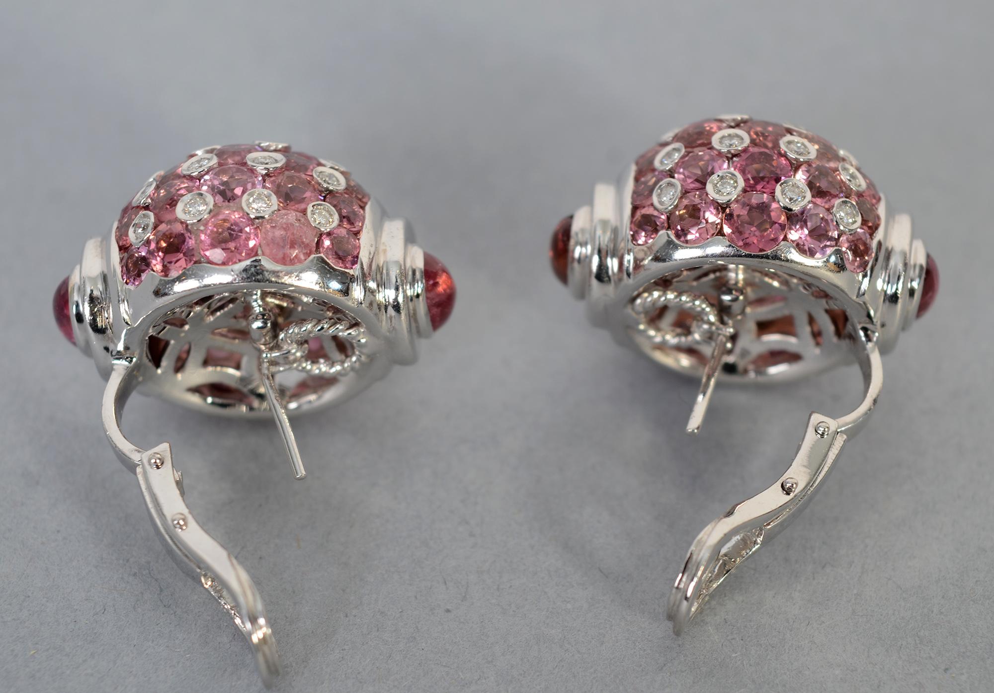 Cushion Cut Pink Sapphire, Diamond and Tourmaline White Gold Earrings For Sale