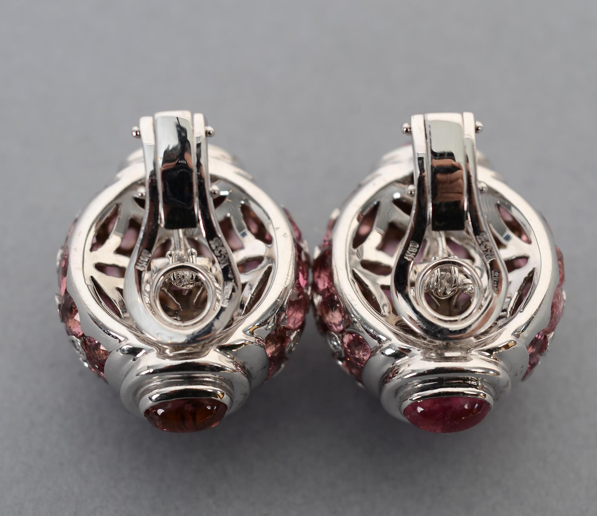 Pink Sapphire, Diamond and Tourmaline White Gold Earrings In Excellent Condition For Sale In Darnestown, MD