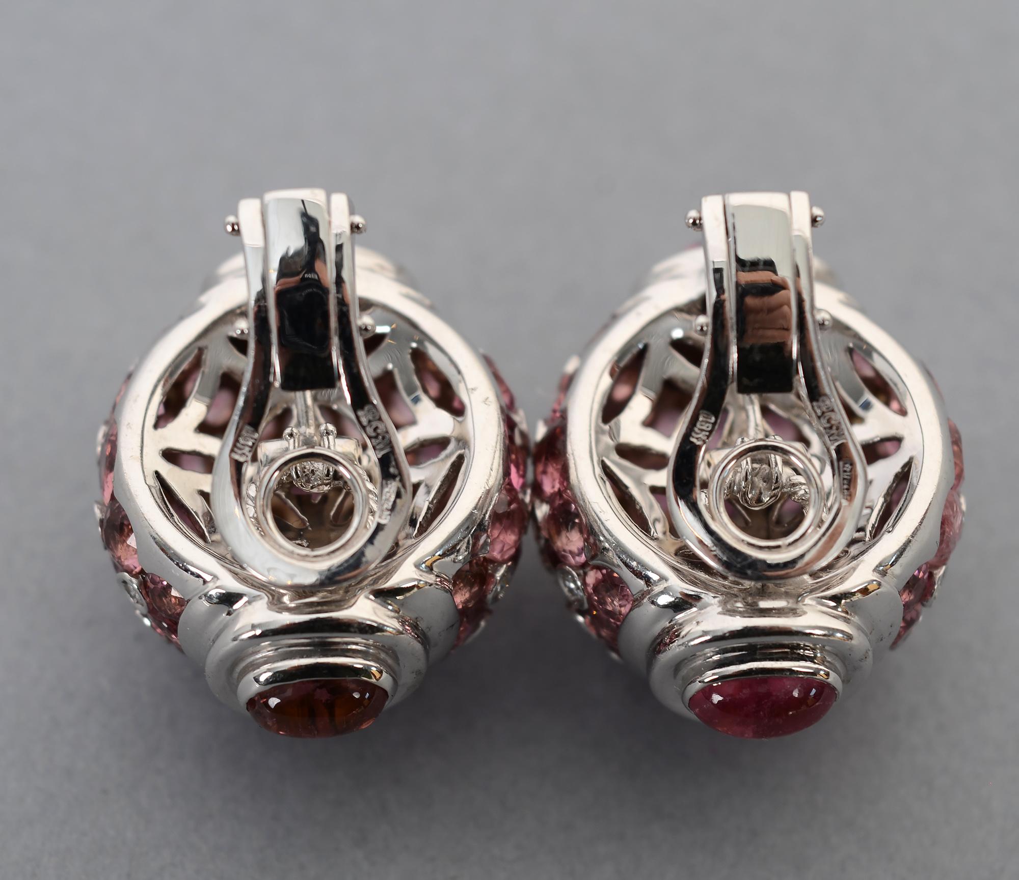 Pendientes de Oro Blanco Zafiro Rosa, Diamante y Turmalina en Excelente estado para la venta en Darnestown, MD