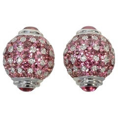 Boucles d'oreilles en or blanc, saphir rose, diamant et tourmaline