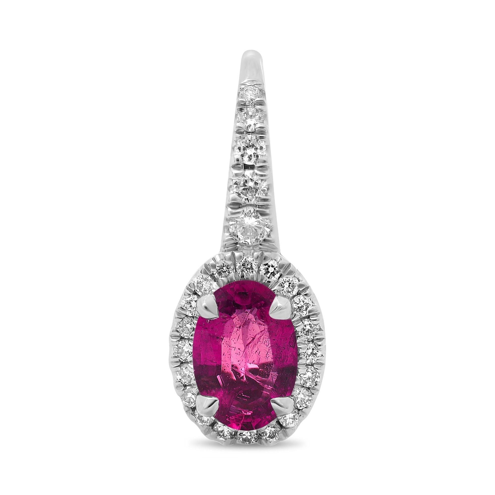 These 18 karat white gold lever back earrings feature two enchanting oval-cut pink sapphires totaling to 1.36 carats as the focal points with 0.19 carats of round cut white diamonds accenting in a halo style.

The two eye clean oval cut pink