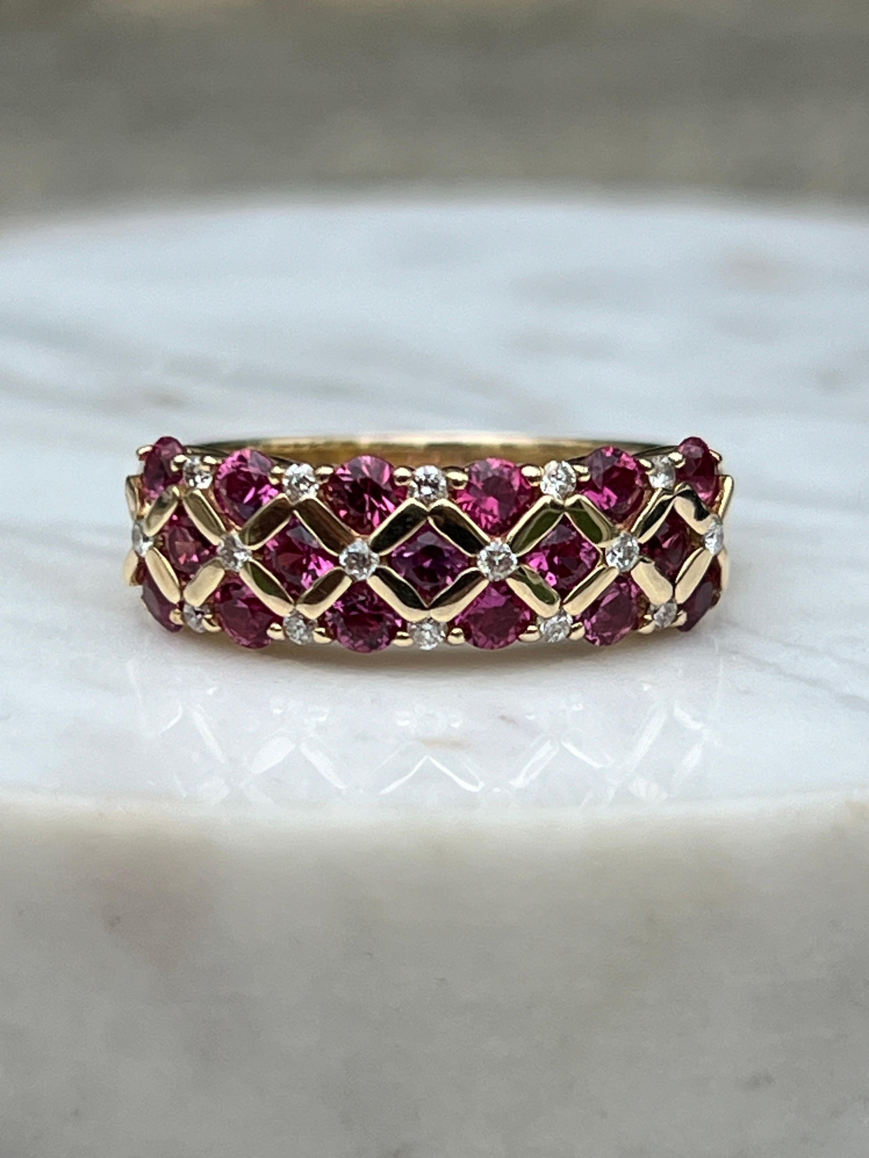 Women's or Men's Pink Sapphire Diamond and Yellow Gold Checkerboard Ring