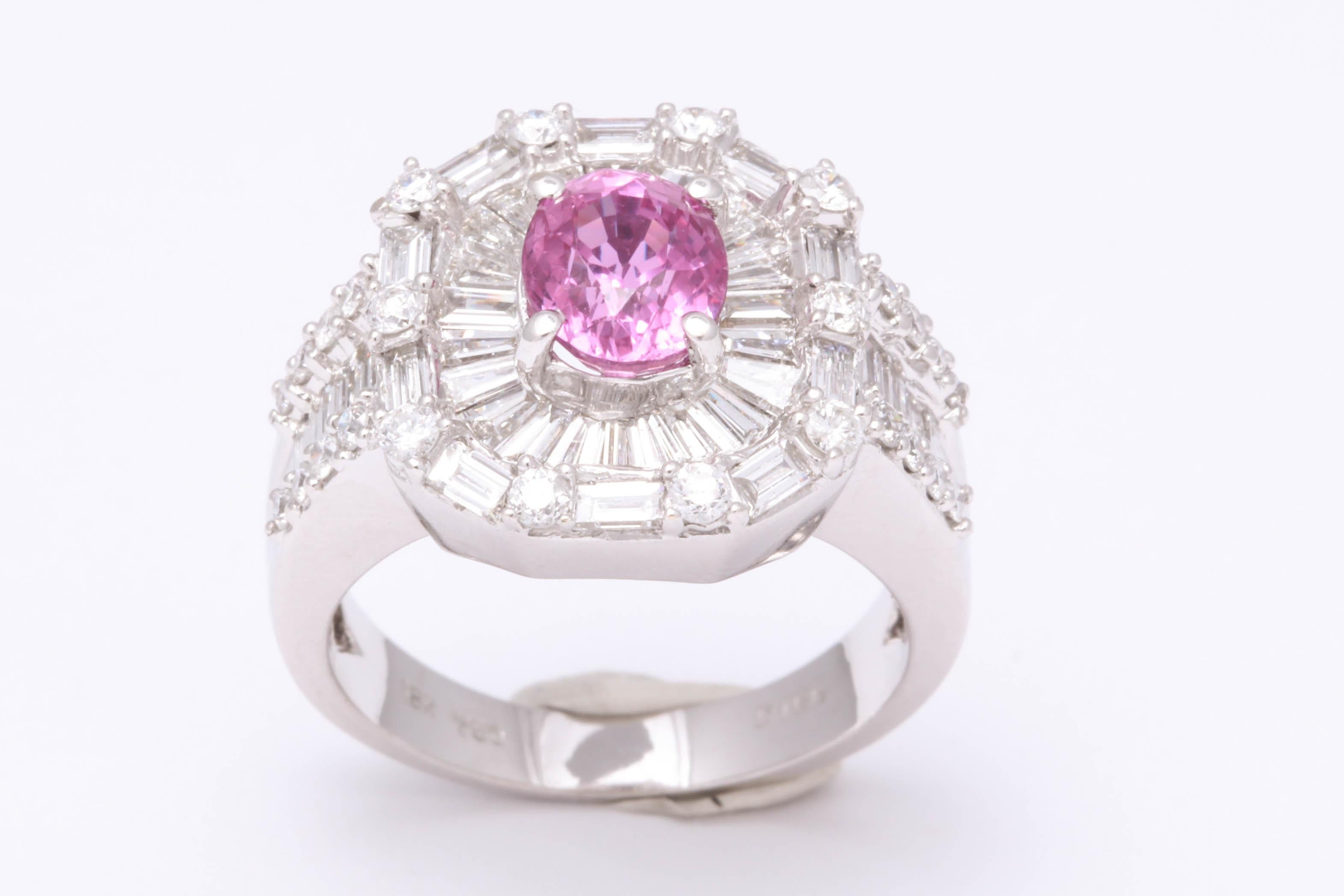 Oval Cut Pink Sapphire Diamond Baguette Ring