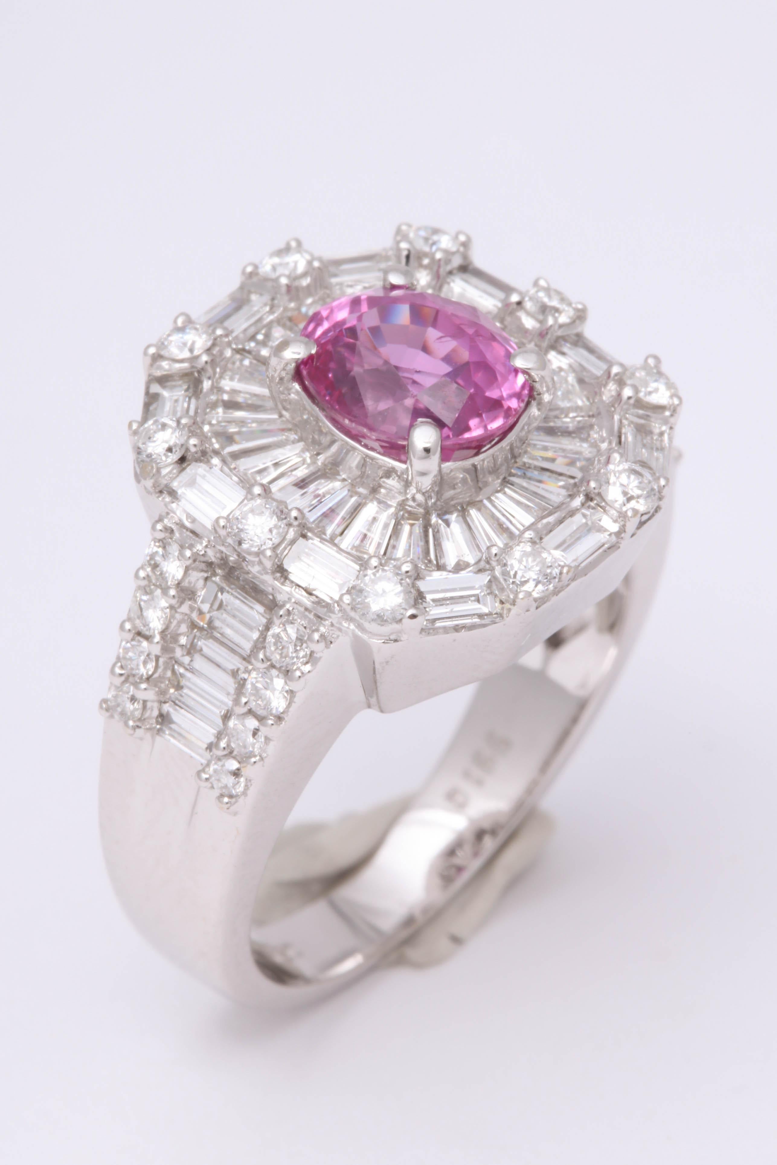 Pink Sapphire Diamond Baguette Ring In New Condition In New York, NY