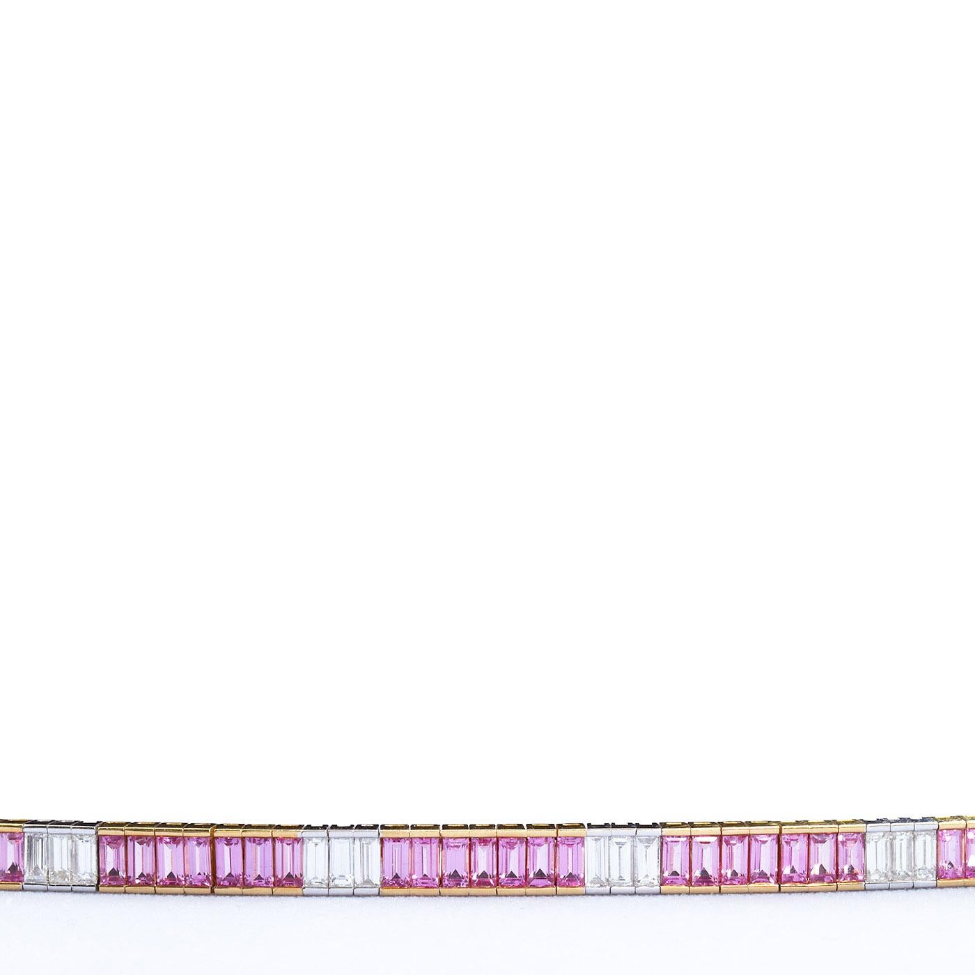 Contemporary Pink Sapphire Diamond Baguette Tennis Bracelet 17.75 Carat