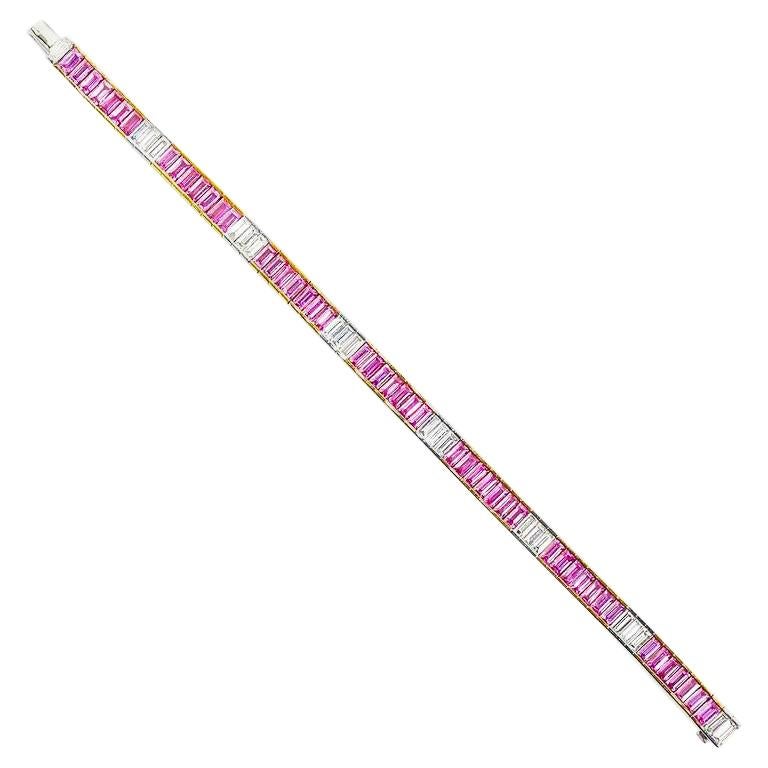 Pink Sapphire Diamond Baguette Tennis Bracelet 17.75 Carat