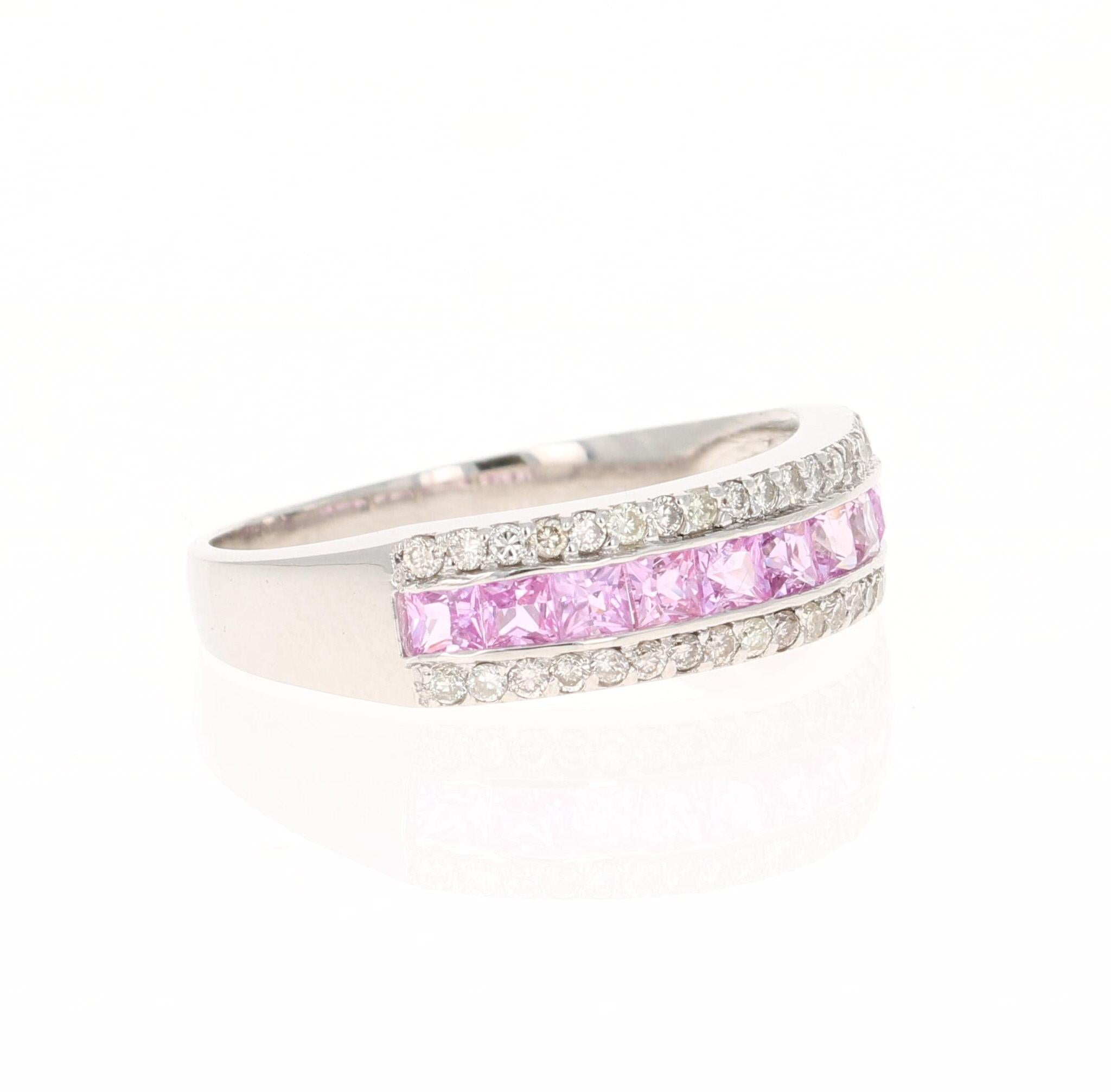 This ring has 11 Natural Pink Sapphires that weigh 0.85 carats and 40 Natural Round Cut Diamonds that weigh 0.30 carats (Clarity: SI, Color: F) The total carat weight of the band is 1.15 carats.

The band is made in 14 Karat White Gold and weighs