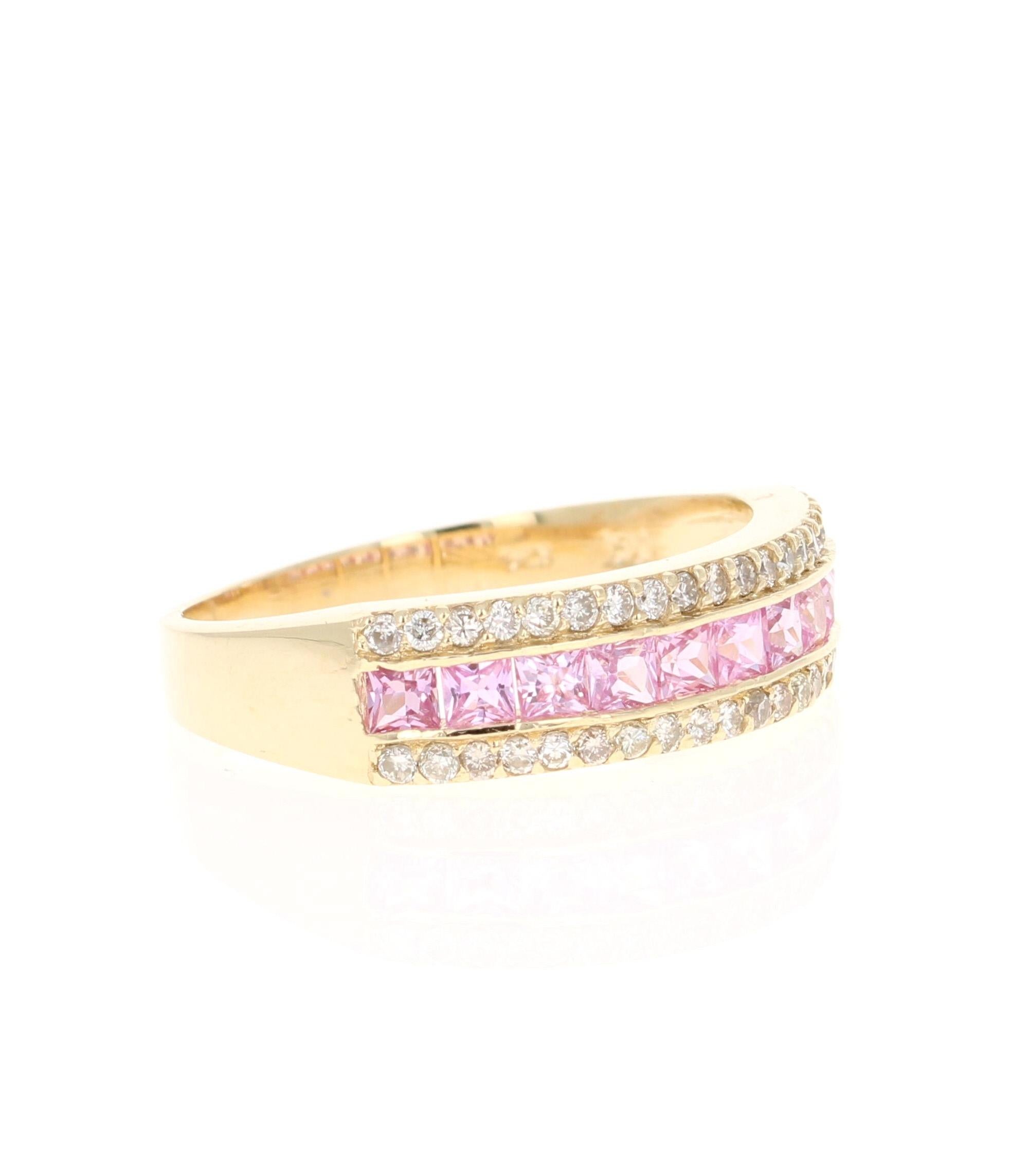 This ring has 11 Natural Pink Sapphires that weigh 0.87 carats and 40 Natural Round Cut Diamonds that weigh 0.30 carats (Clarity: SI, Color: F) The total carat weight of the band is 1.17 carats.

The band is made in 14 Karat Yellow Gold and weighs