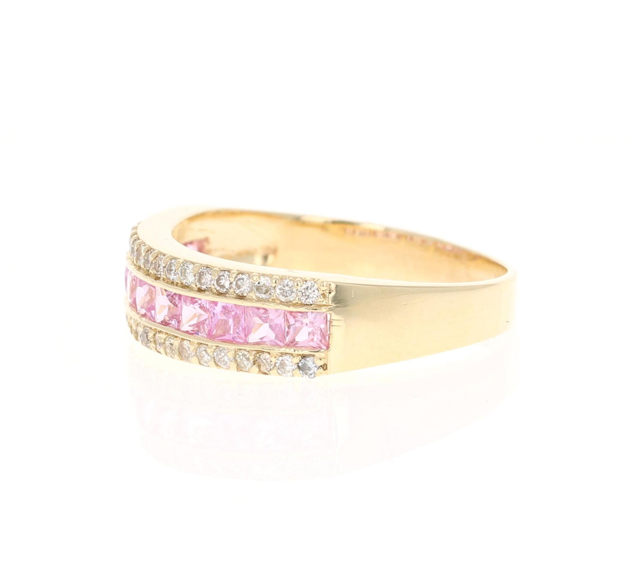 Contemporary 1.17 Carat Pink Sapphire Diamond Yellow Gold Band For Sale