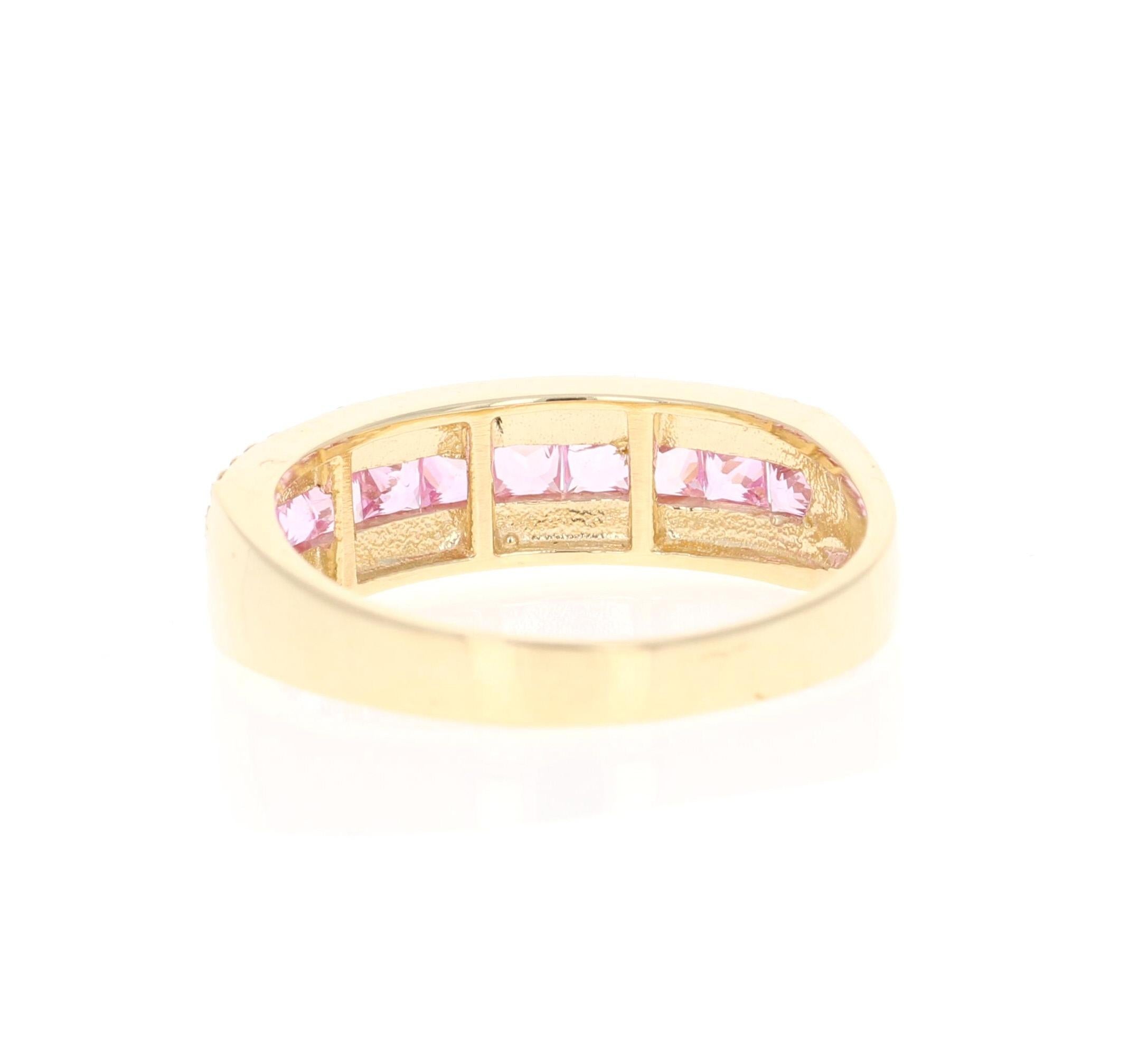 Princess Cut 1.17 Carat Pink Sapphire Diamond Yellow Gold Band For Sale