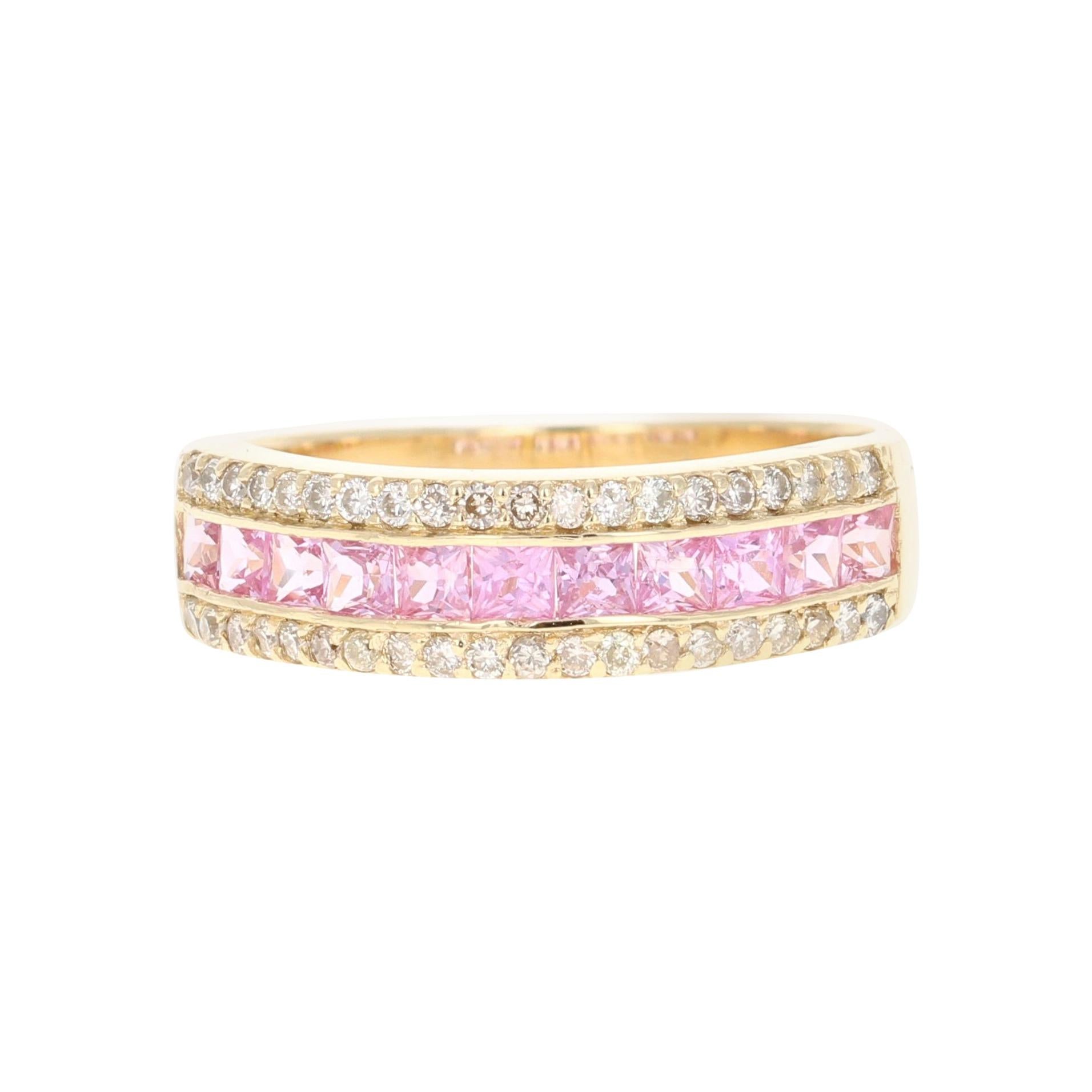 1.17 Carat Pink Sapphire Diamond Yellow Gold Band For Sale