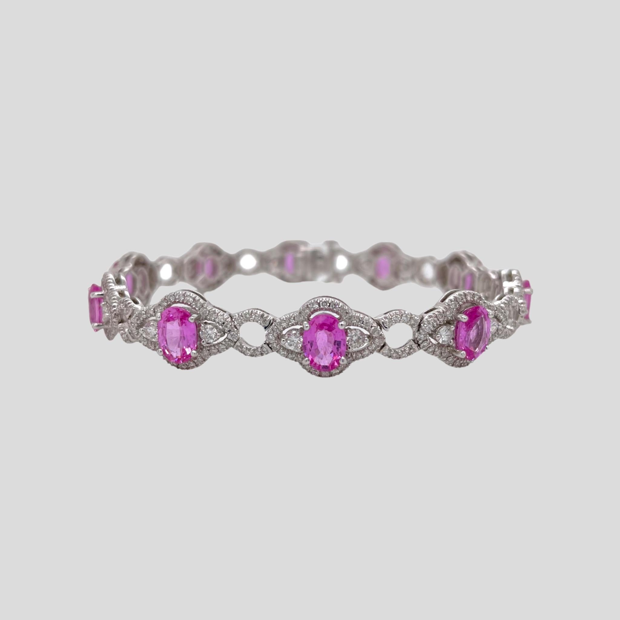 Contemporary Pink Sapphire & Diamond Bracelet in 18K White Gold For Sale