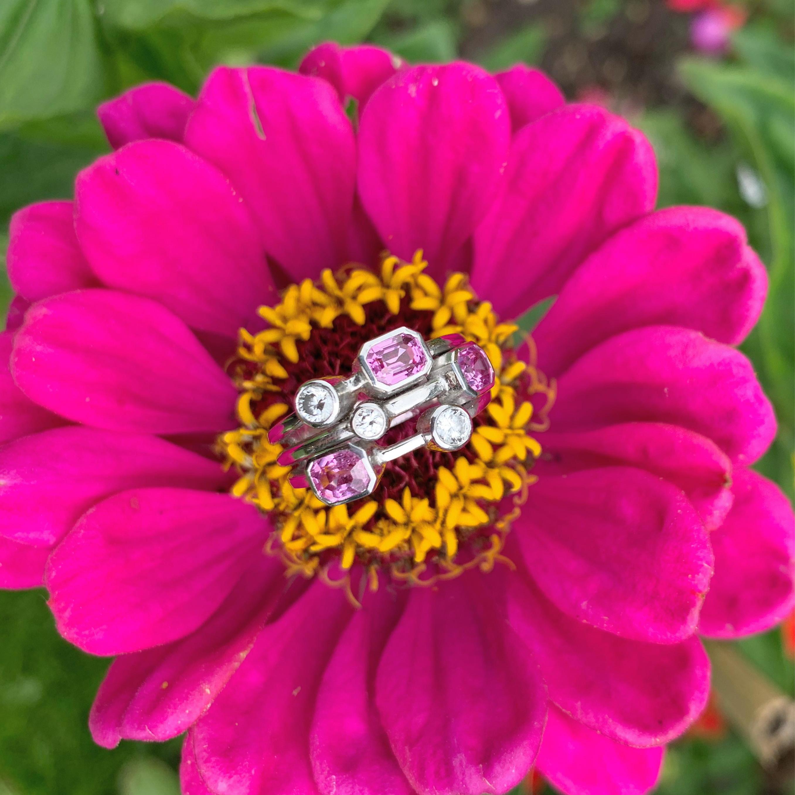 Pink Sapphire & Diamond Cluster Ring 18 Karat White Gold For Sale 4