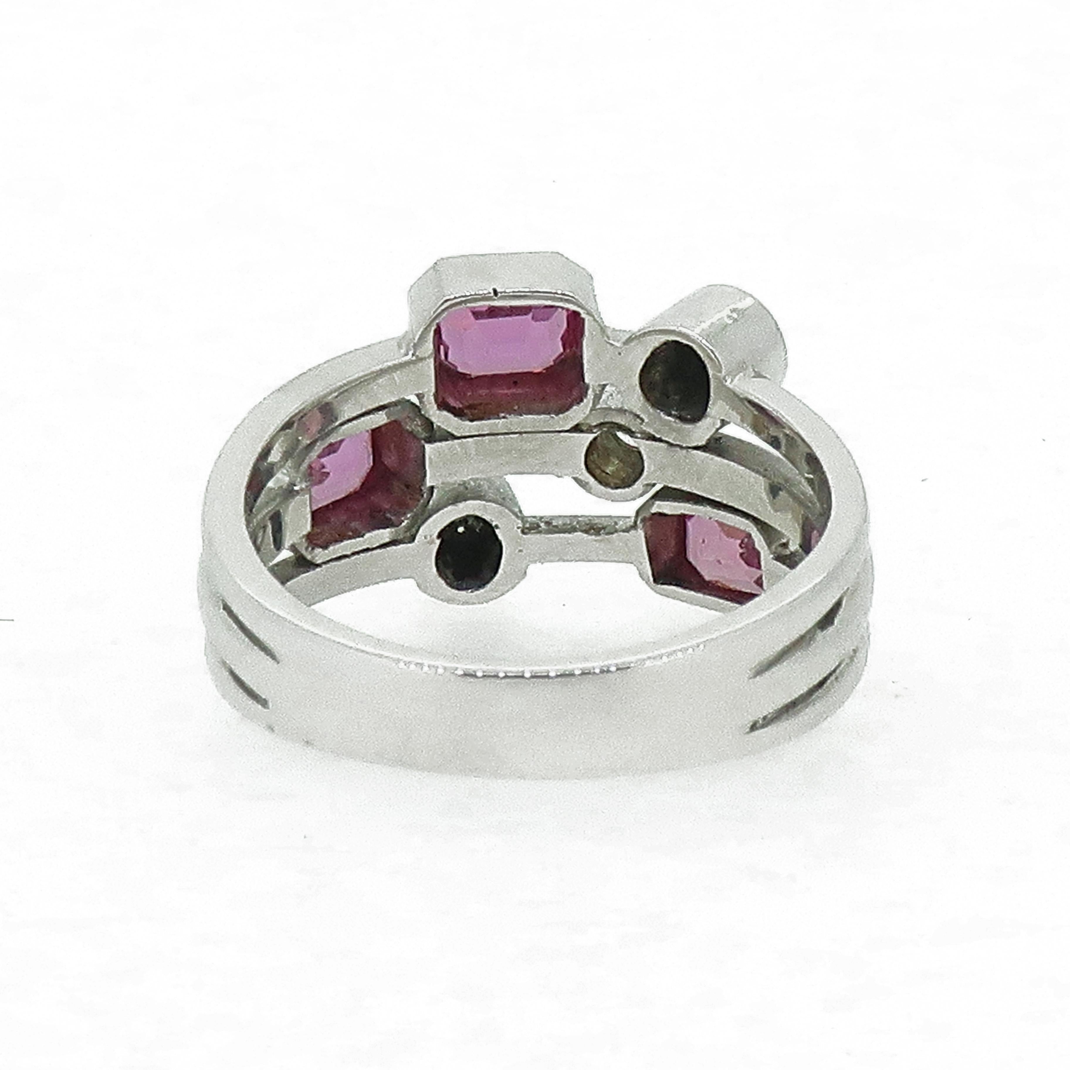 Emerald Cut Pink Sapphire & Diamond Cluster Ring 18 Karat White Gold For Sale