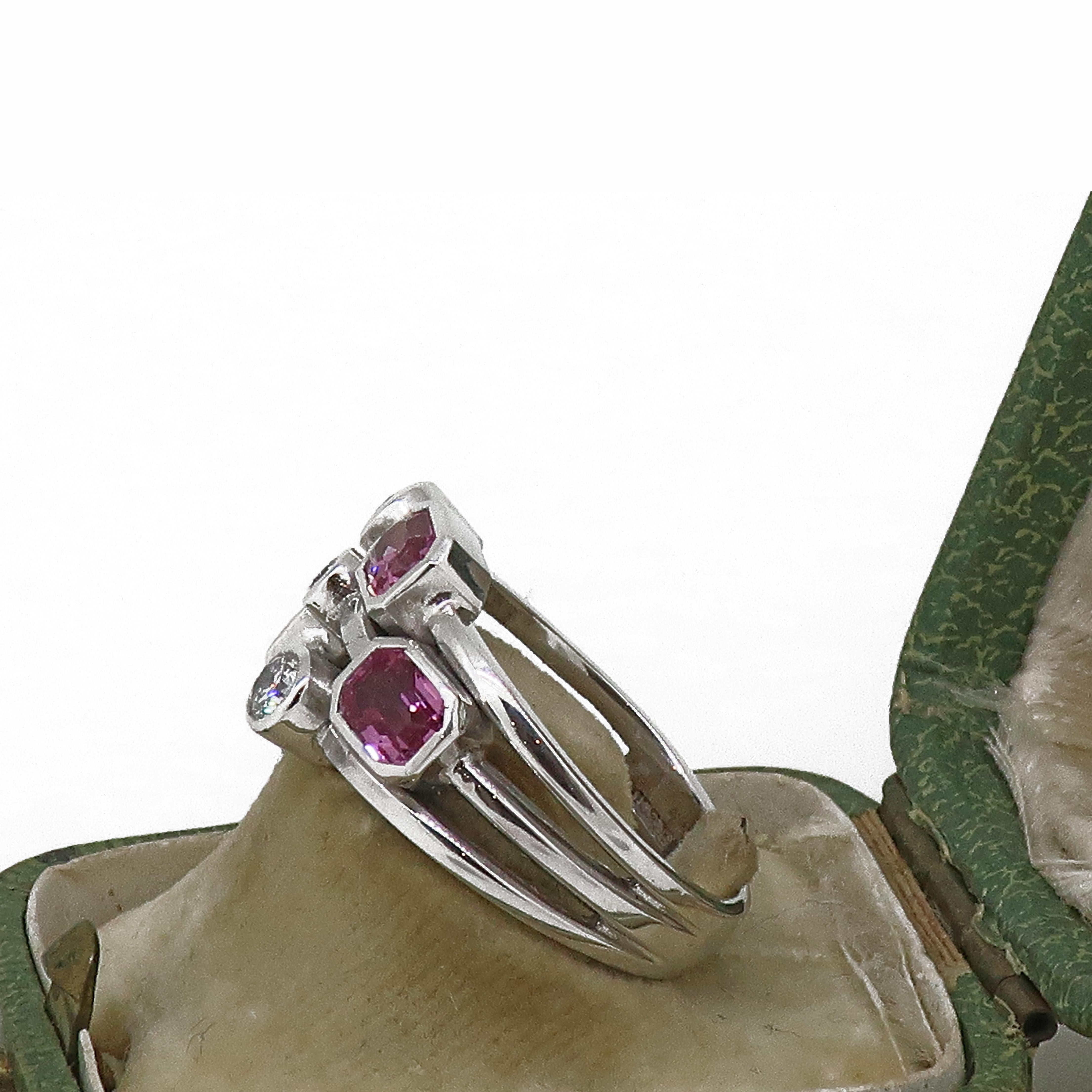Pink Sapphire & Diamond Cluster Ring 18 Karat White Gold For Sale 2