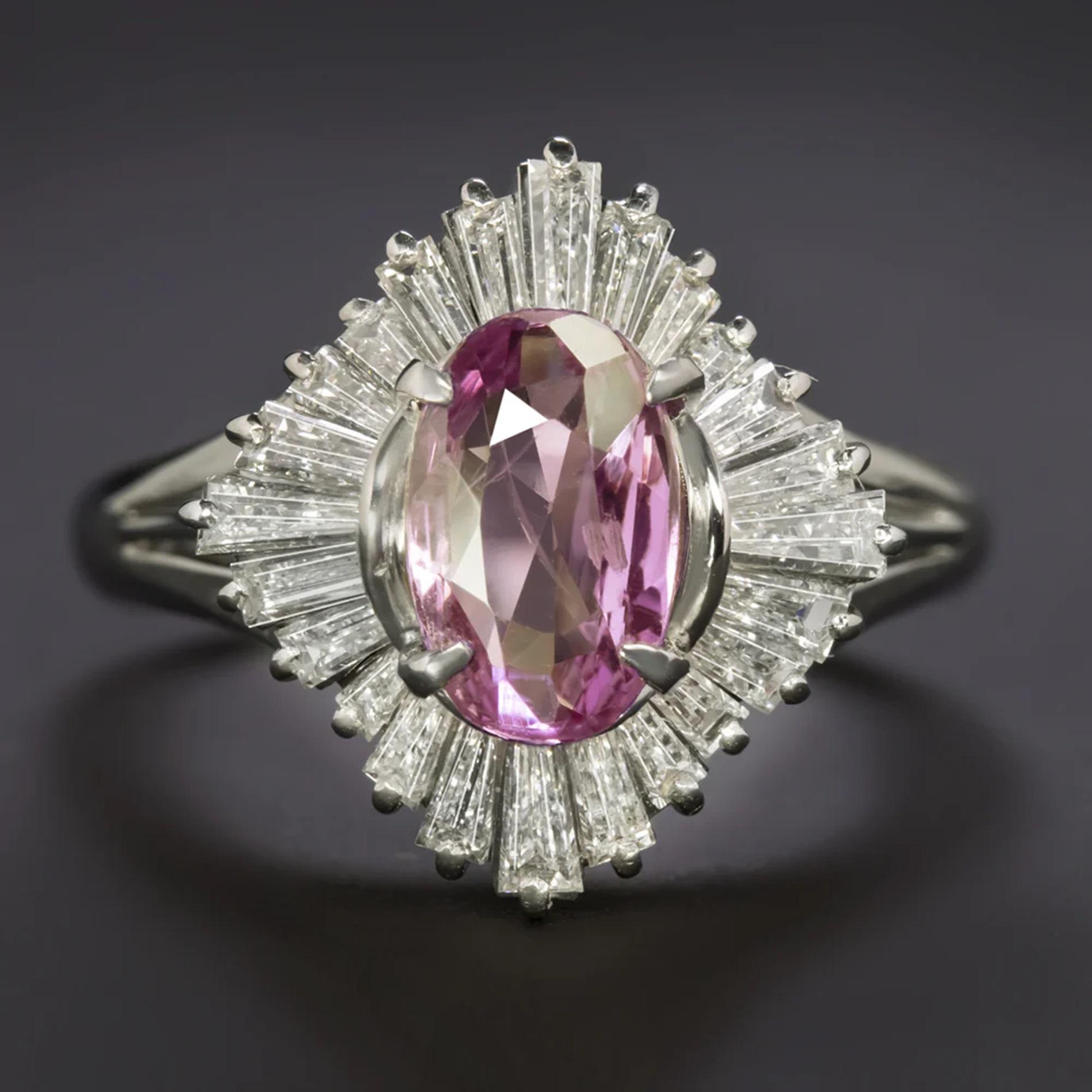 Contemporary Pink Sapphire Diamond Cocktail Platinum Ring For Sale