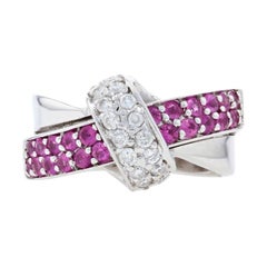 Pink Sapphire & Diamond Crossover Ring, 14k White Gold Round Brilliant .99ctw