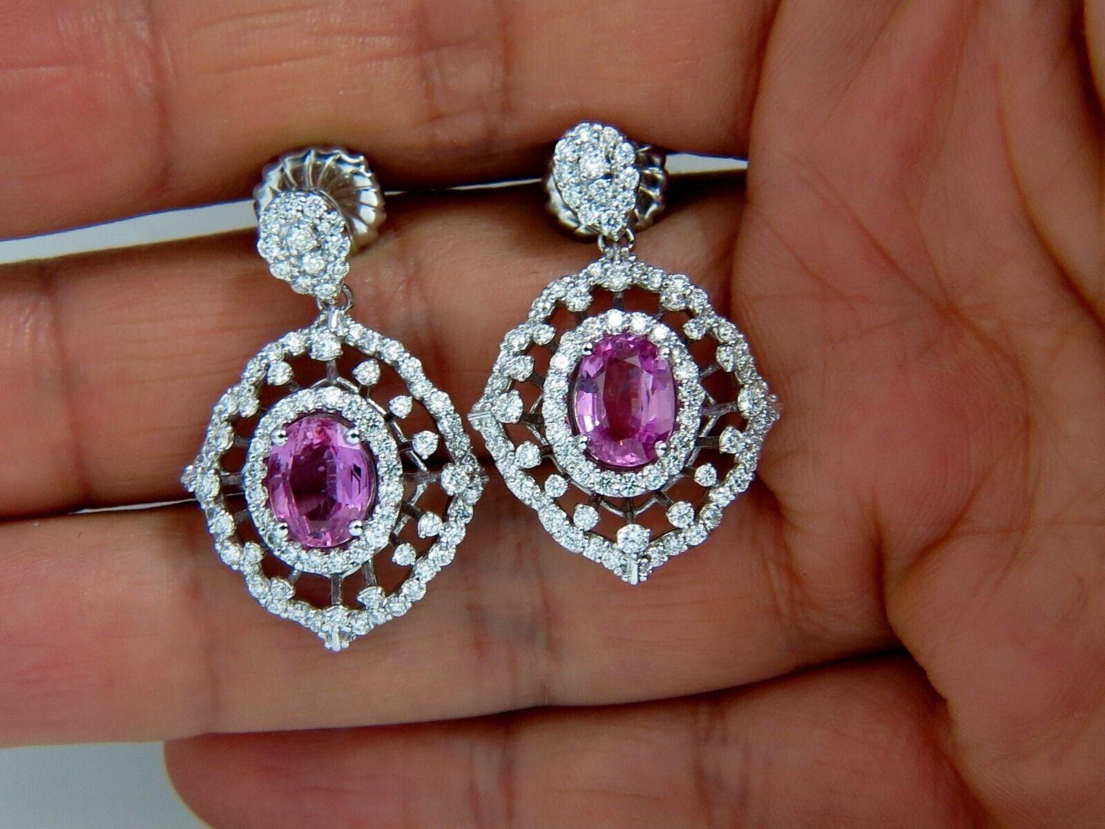 Pink Sapphire Diamond Dangle Earrings 14 Karat GIA Certified For Sale 1