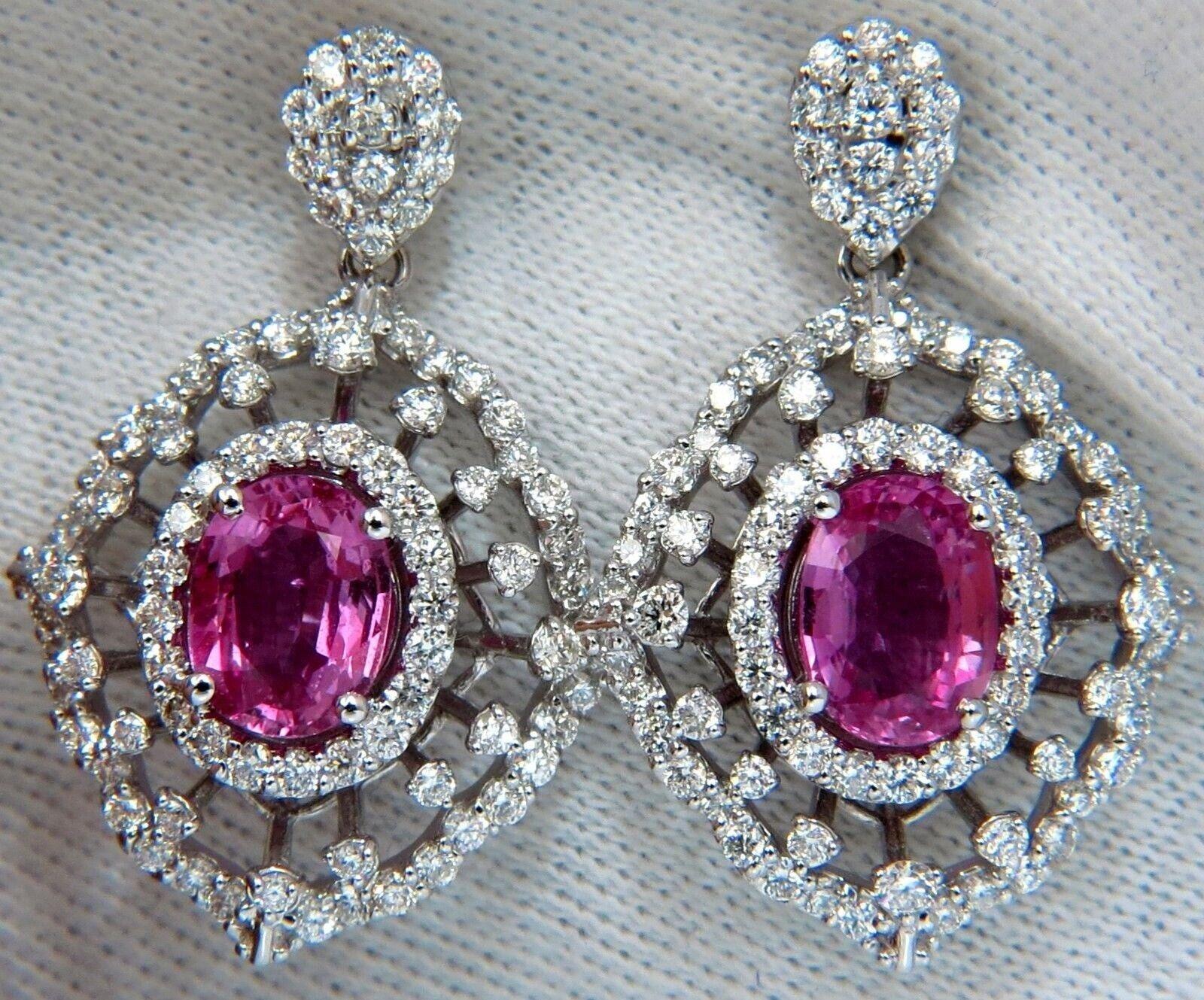 Pink Sapphire Diamond Dangle Earrings 14 Karat GIA Certified For Sale 2