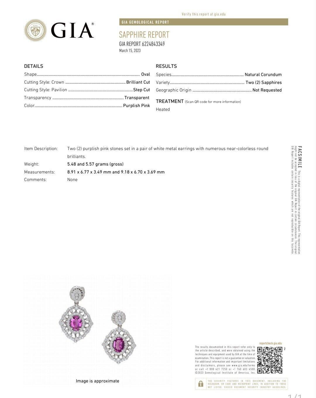 Pink Sapphire Diamond Dangle Earrings 14 Karat GIA Certified For Sale 3