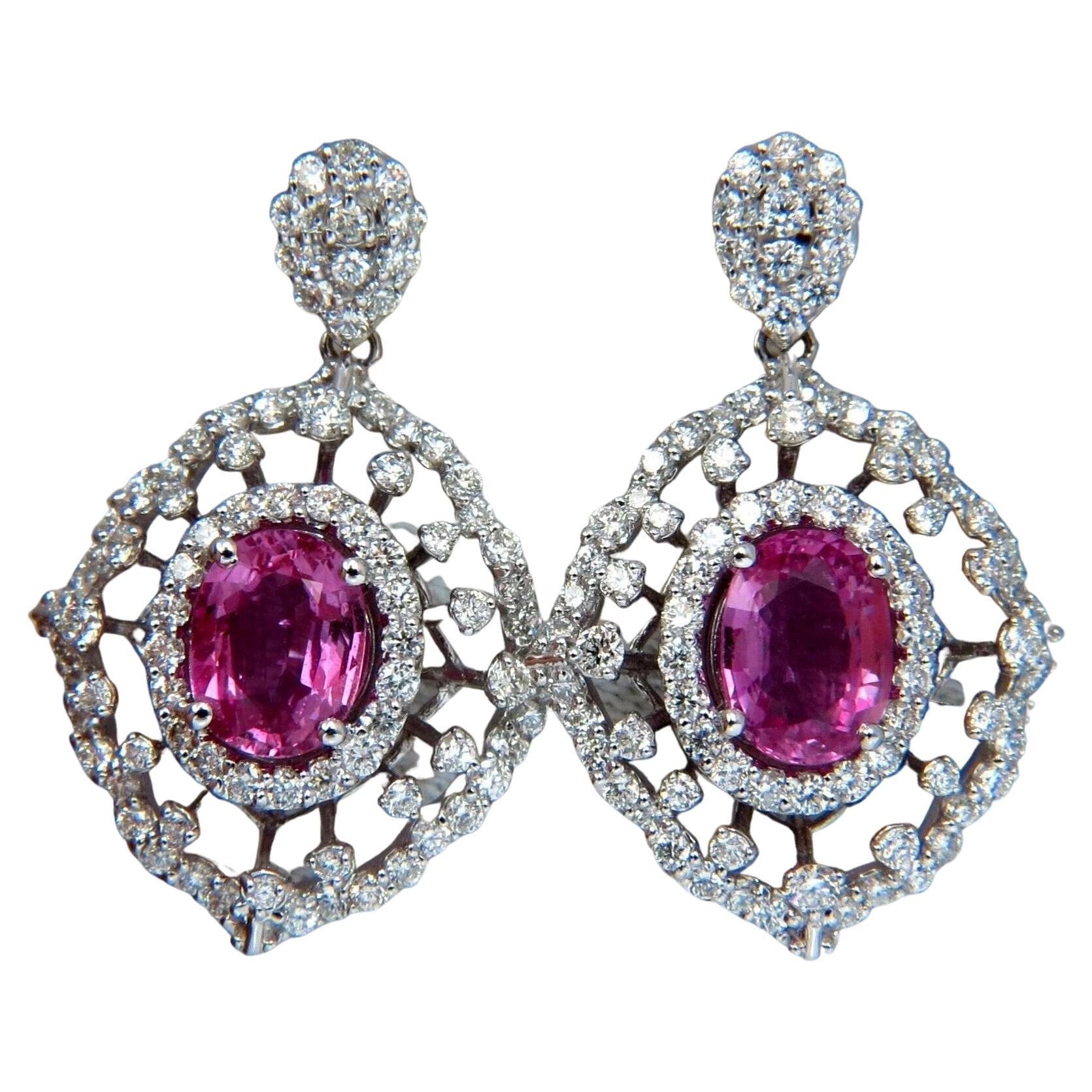 Pink Sapphire Diamond Dangle Earrings 14 Karat GIA Certified For Sale