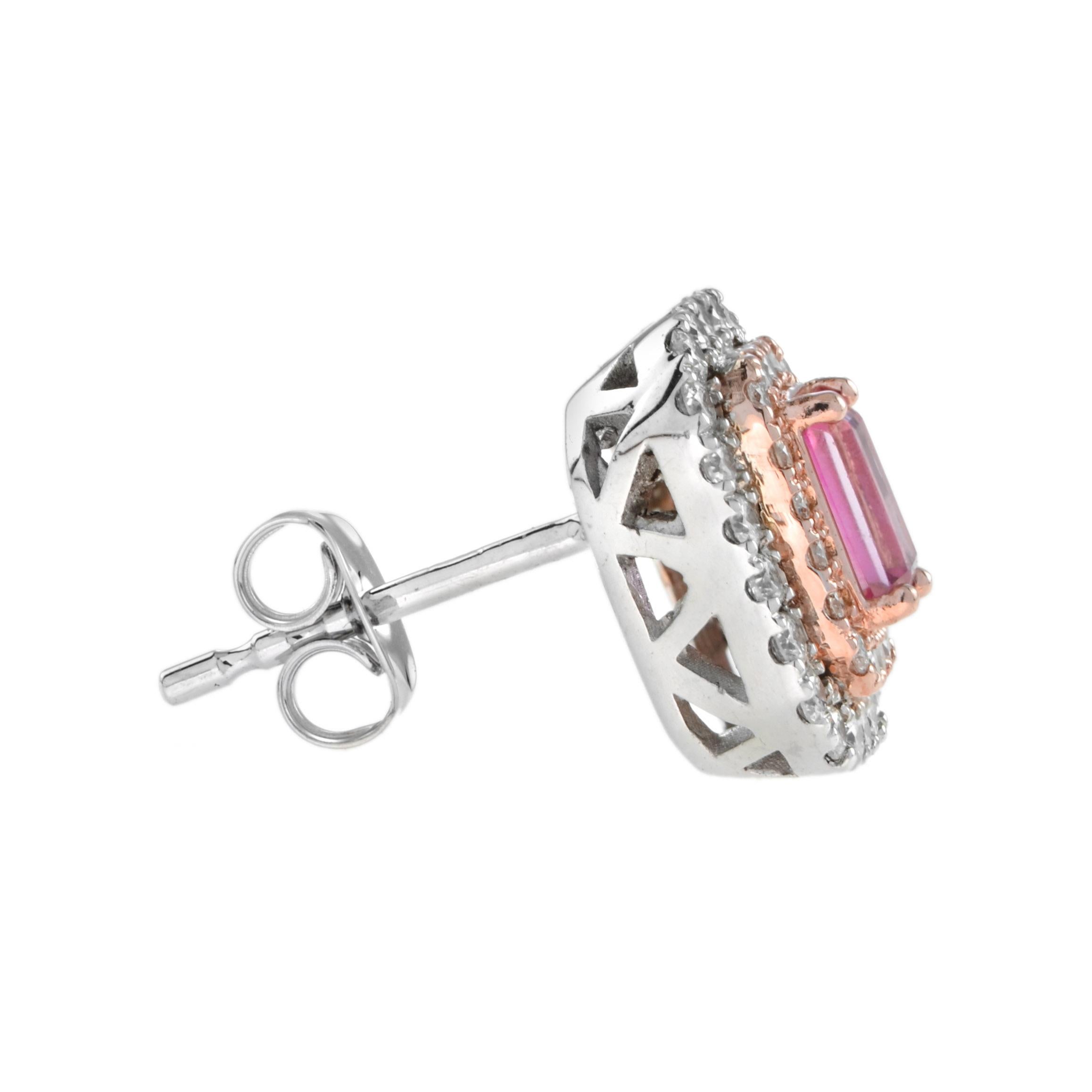 The two-tone version of standout double halo stud earrings are designed to hold 0.4 carat emerald cut pink sapphire for each center stone. The outer halo is in white gold while inner halo is rose gold. A truly spectacular stud earrings! Wear it with