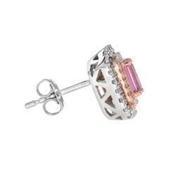 Pink Sapphire & Diamond Double Halo Studs 14K White Rose Earrings