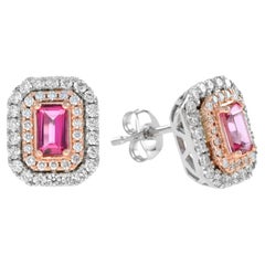 Pink Sapphire & Diamond Double Halo Studs 14K White Rose Earrings