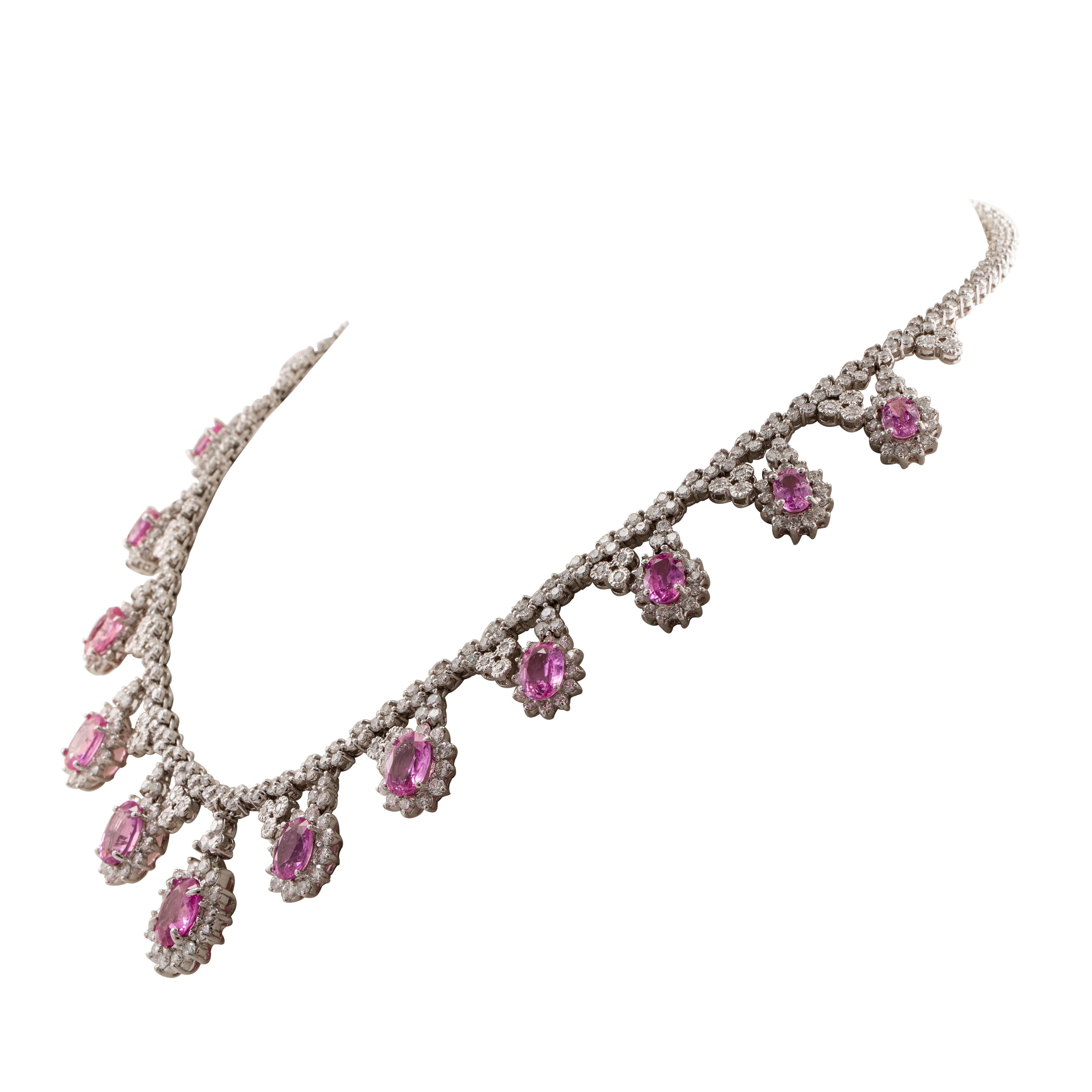 Oval Cut Pink Sapphire Diamond Drop Necklace For Sale