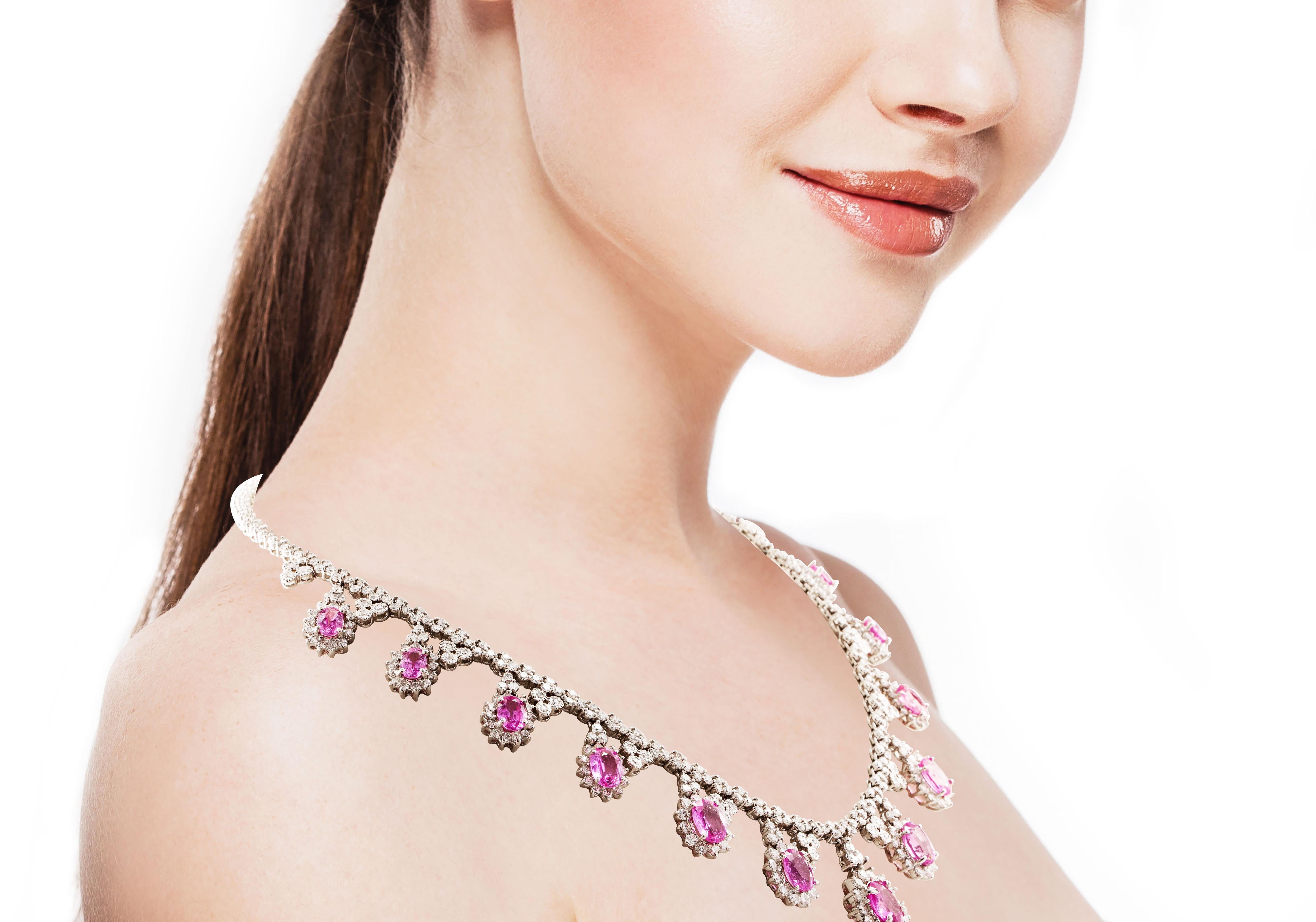 Pink Sapphire Diamond Drop Necklace In Excellent Condition For Sale In Chestnut Hill, MA