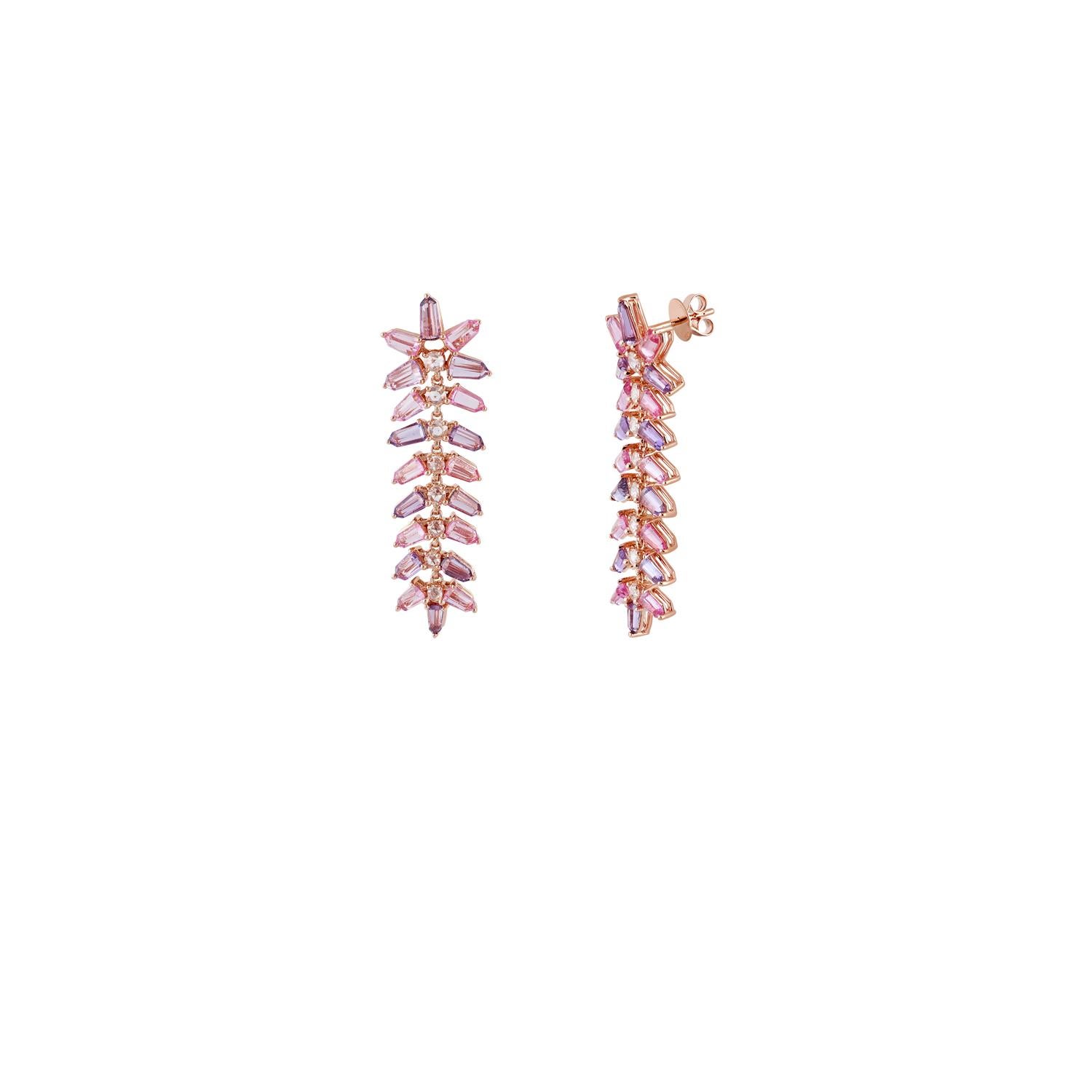 This is one of a kind earring with a bullet cut pink sapphire & rose-cut diamonds, this earring entirely made in 18 karat rose gold. The bullet cut pink sapphires are 40 pieces which are exclusive cut sapphires weight 12.7 carats, rose-cut diamonds