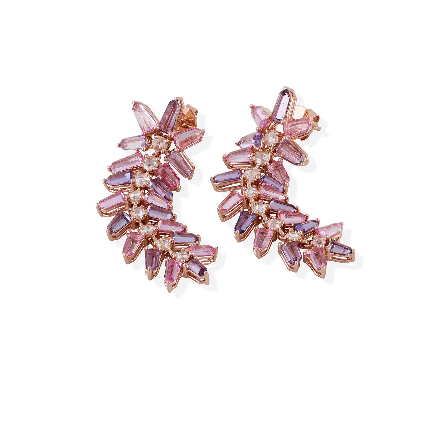 Contemporary Pink Sapphire and Diamond Earring Studded in 18 Karat Rose Gold For Sale