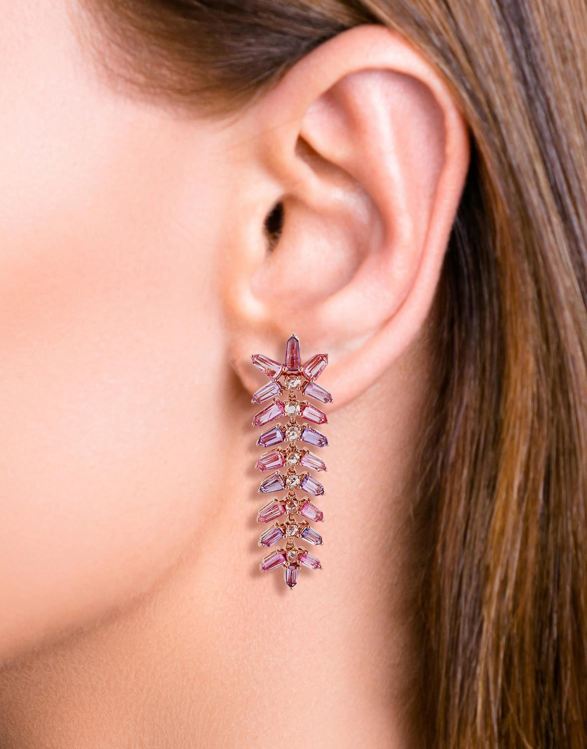 Bullet Cut Pink Sapphire and Diamond Earring Studded in 18 Karat Rose Gold For Sale