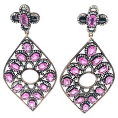 Pink sapphire & Diamond Earrings in Sterling Silver