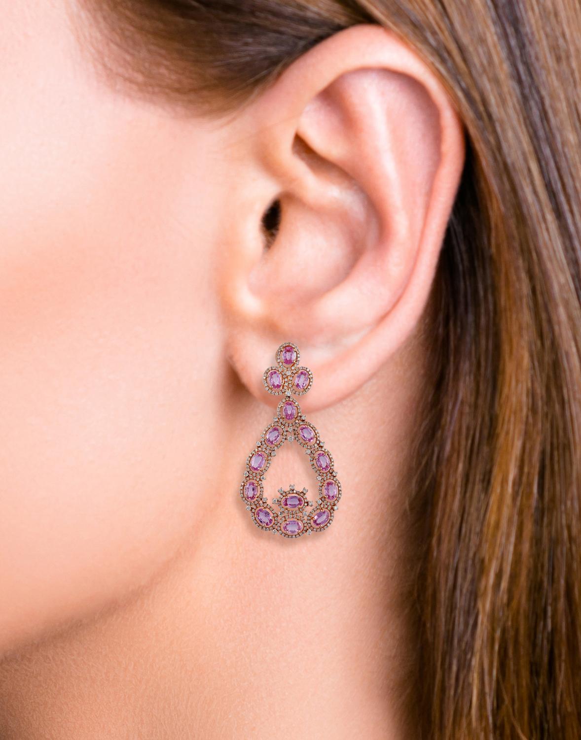 Contemporary Pink Sapphire and Diamond Earrings Studded in 18 Karat Rose Gold For Sale